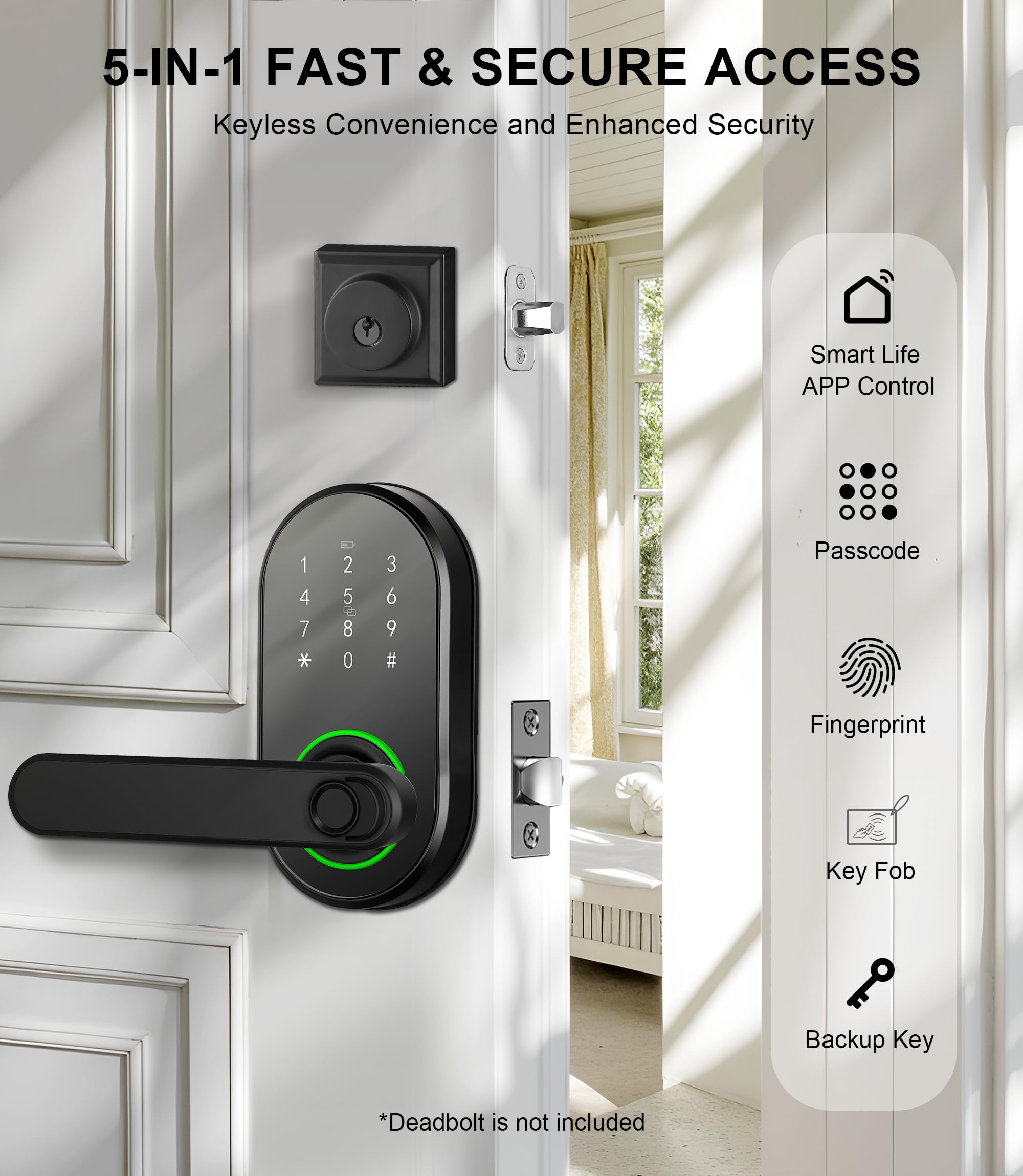 Ibicletas Smart Keypad Door Lock With Handle, Keyless Entry Digital Door Lock For Front Door, Fingerprint Electronic Door Knob With App, Security Lever For Bedrooms, Apartment, Local Data Storage, Black