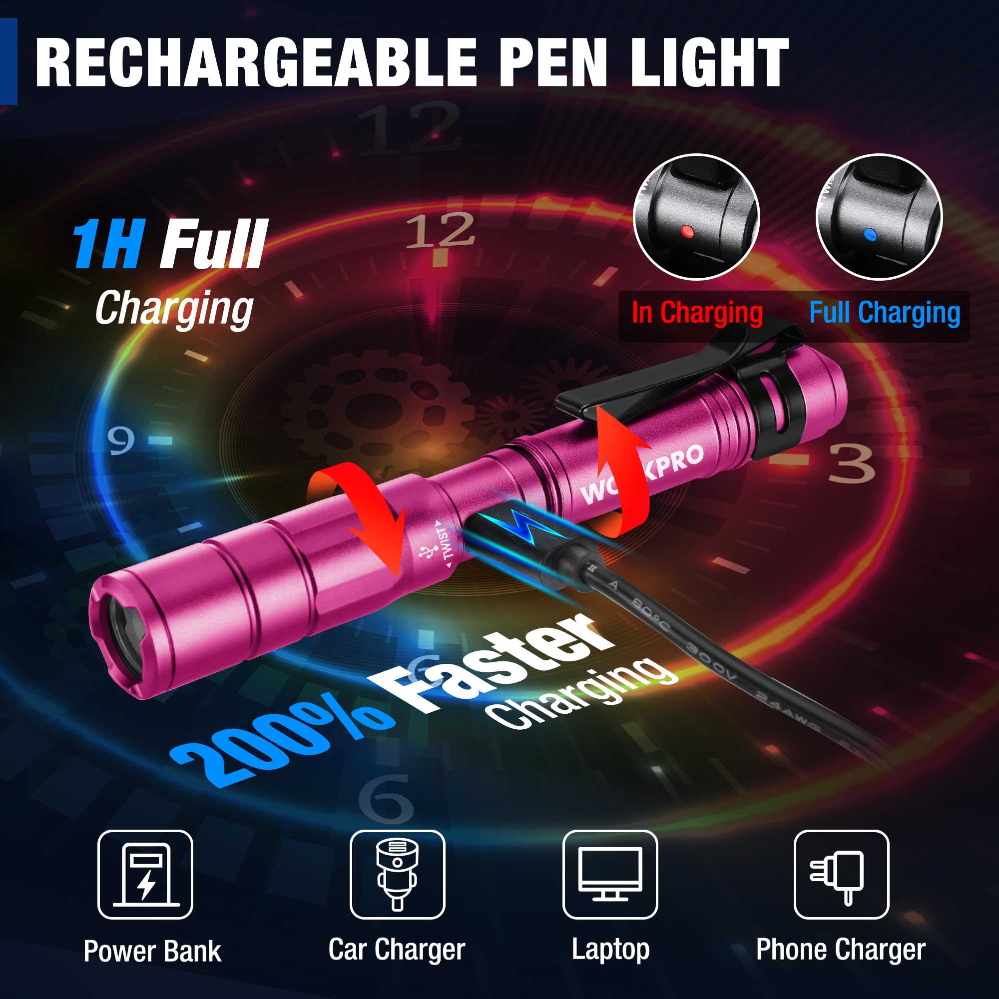 Workpro 2 Pack Rechargeable Pen Light Black & 2 Pack Rechargeable Pen Light Pink