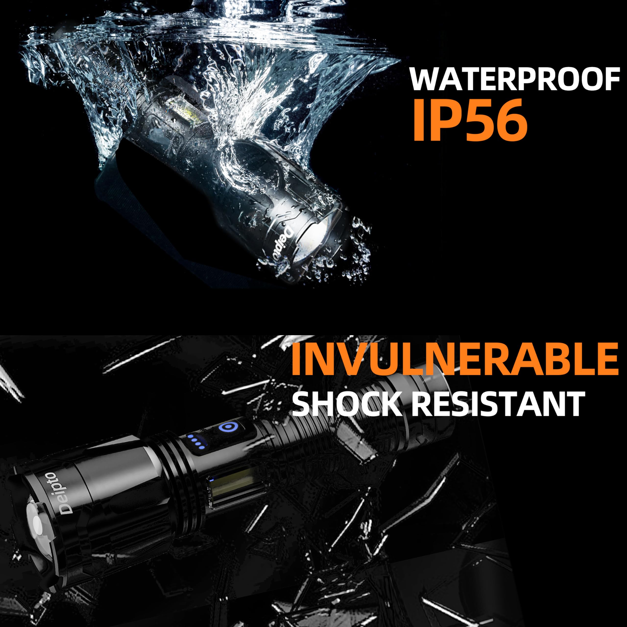 Deipto Rechargeable Flashlights High Lumens, Super Bright Flashlight 9000000 Lumens With 7 Modes, Ip54 Waterproof Tactical Flashlights For Home Camping Emergencies Running