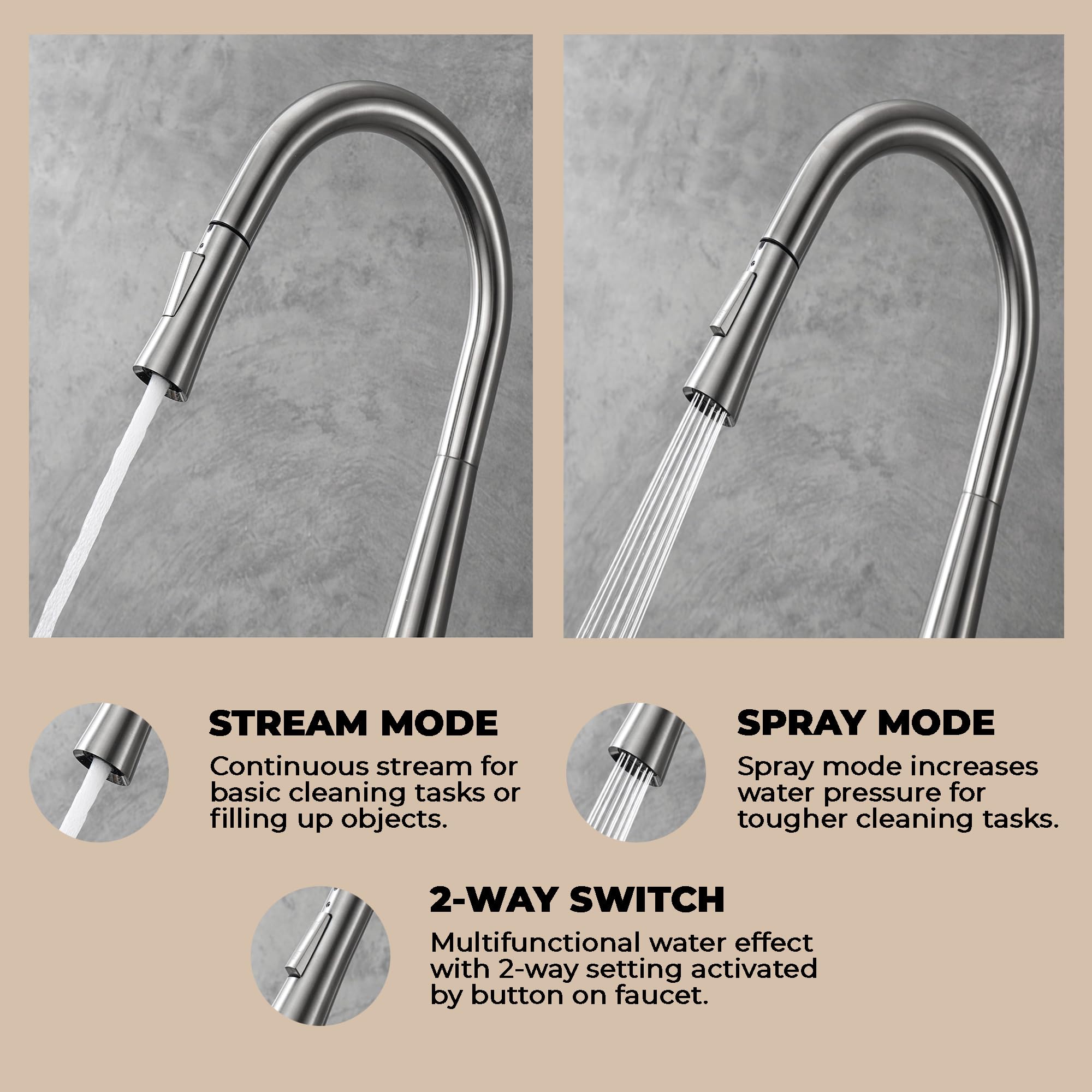 East Grove Home Pureflow Collection Faucet With High Arc And Pull Down 2-Mode Sprayer Or Stream Head With Single Comfort Handle In Brushed Nickel For Kitchen, Laundry, Or Outdoor Sinks