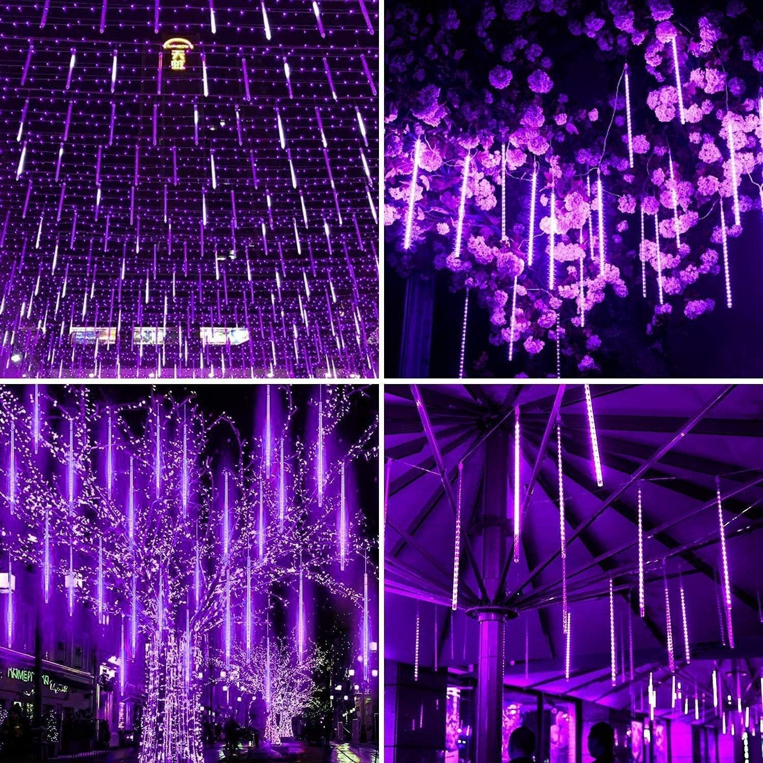 Qitong 2 Pack Extendable Christmas Meteor Shower Lights, Purple Christmas Lights Outdoor, 16 Tubes 384 Leds Plug In String Lights For Christmas Tree Holiday Party