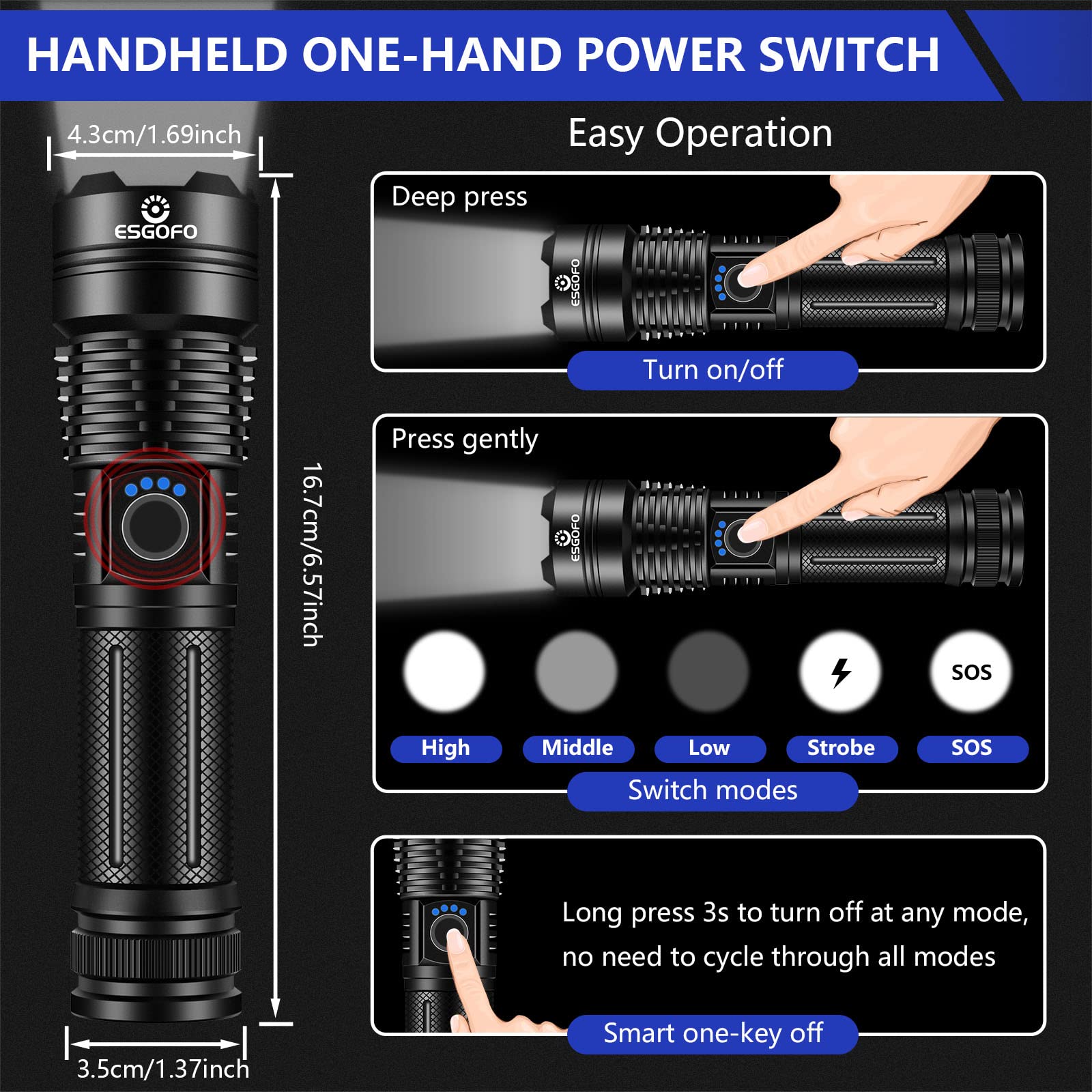 Esgofo Flashlights High Lumens Rechargeable, 1000000 Lumens Super Bright Handheld Led Flash Light,Powerful Emergency Linternas, Waterproof, Long Lasting, For Hiking Camping