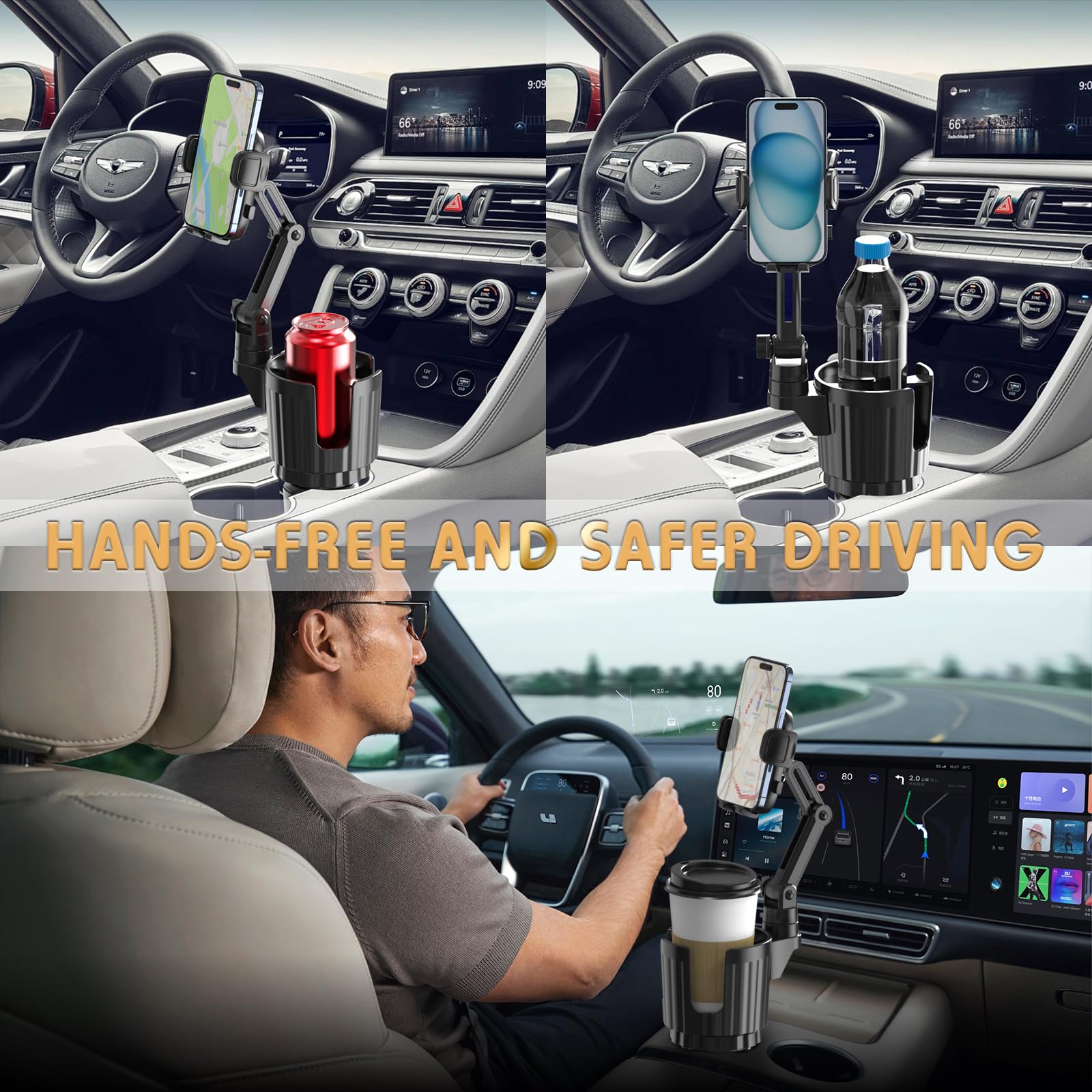 Bokilino Cup Holder Phone Mount, 2 In 1 Universal Cup Holder Expander Adjustable Base With Phone Mount, Long Arm With 360°Rotation Phone Cup Holder For Car Compatible With All Smartphones