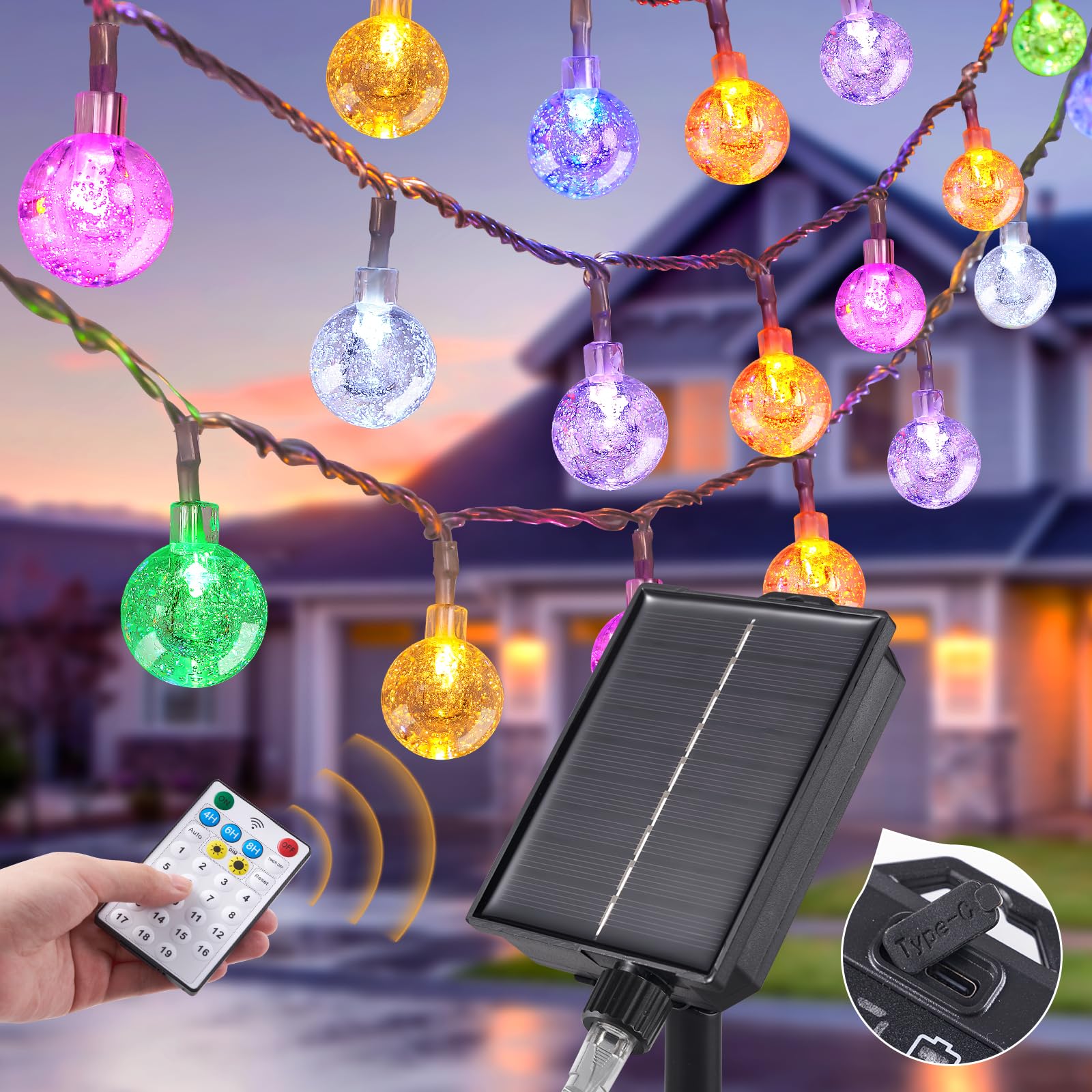 Ycoisini Solar String Lights Outside, 39Ft Color Changing Indoor/Outdoor Solar Lights Patio Lights With 68 Bulbs, Waterproof Crystal Globe Lights With Type-C Charging Port And Remote Control