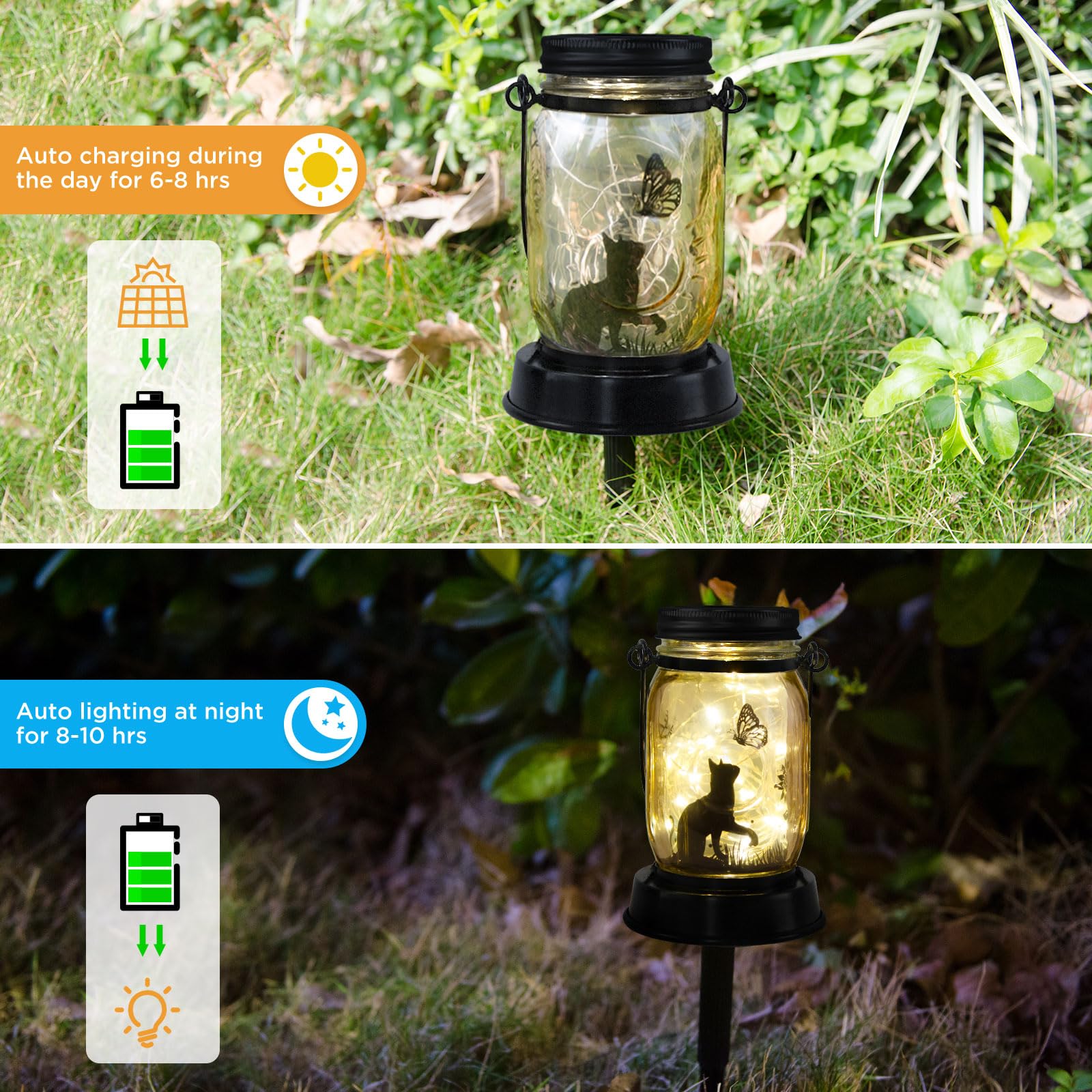 Jobosi Cat Butterfly Solar Light, Fairy Lantern Garden Lights, Jar Bottle Light, Solar Lanterns Outdoor Garden Decor, Mom Gift, Grandma Gift,  For Mother, Cat Lover