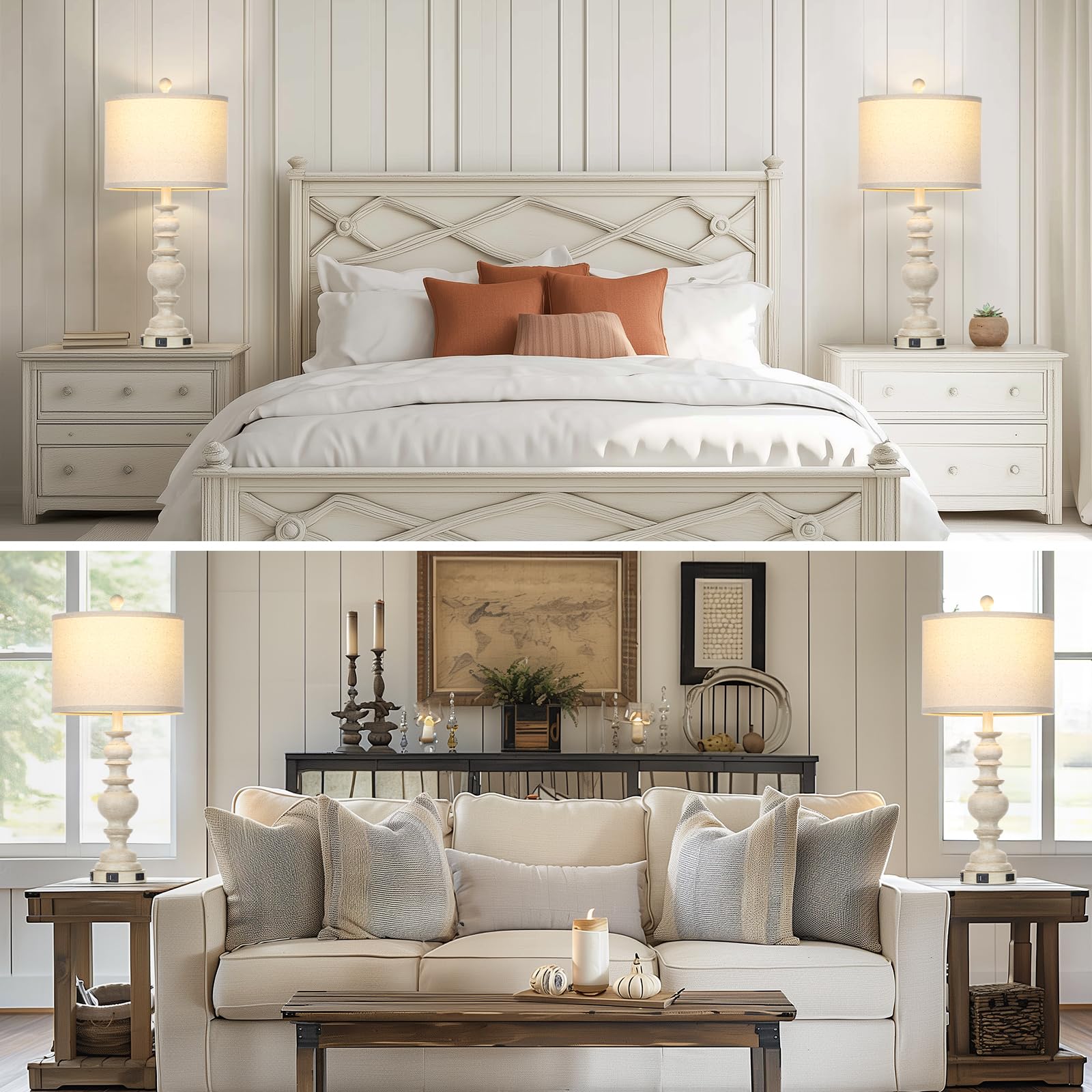Ruzectt 27.5" Farmhouse Table Lamps Set Of 2, Rustic Living Room Lamps With Usb C+A Ports & Ac Outlet, Vintage Bedside Lamps With Linen Shade, Tradition Bedroom Lamps For Nightstand Side End Table Desk, Beige