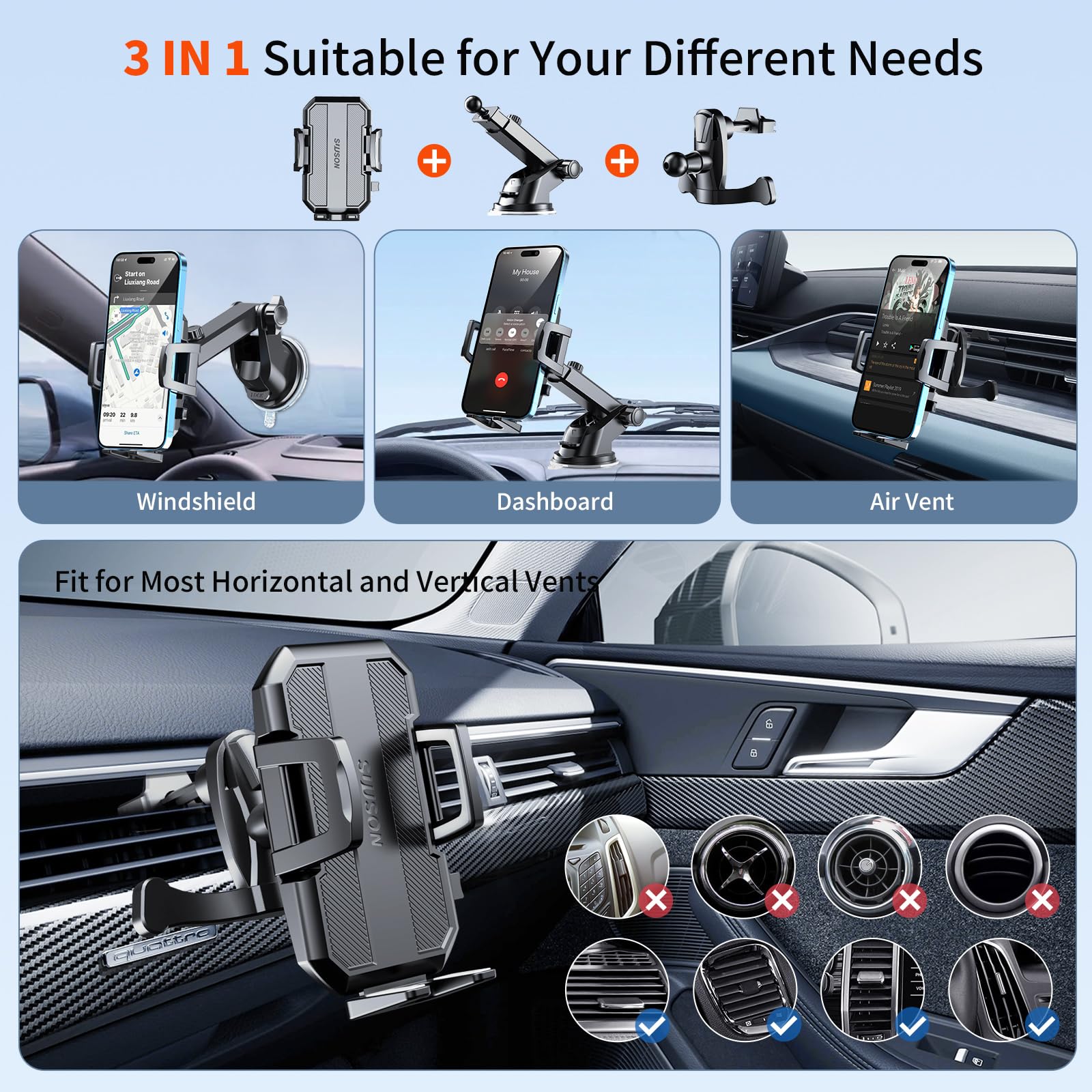 Suuson  3-In-1 Car Phone Holder Mount [Powerful Suction] Phone Mount For Car Dashboard Air Vent Windshield,For All Iphone Android Phone (Black)
