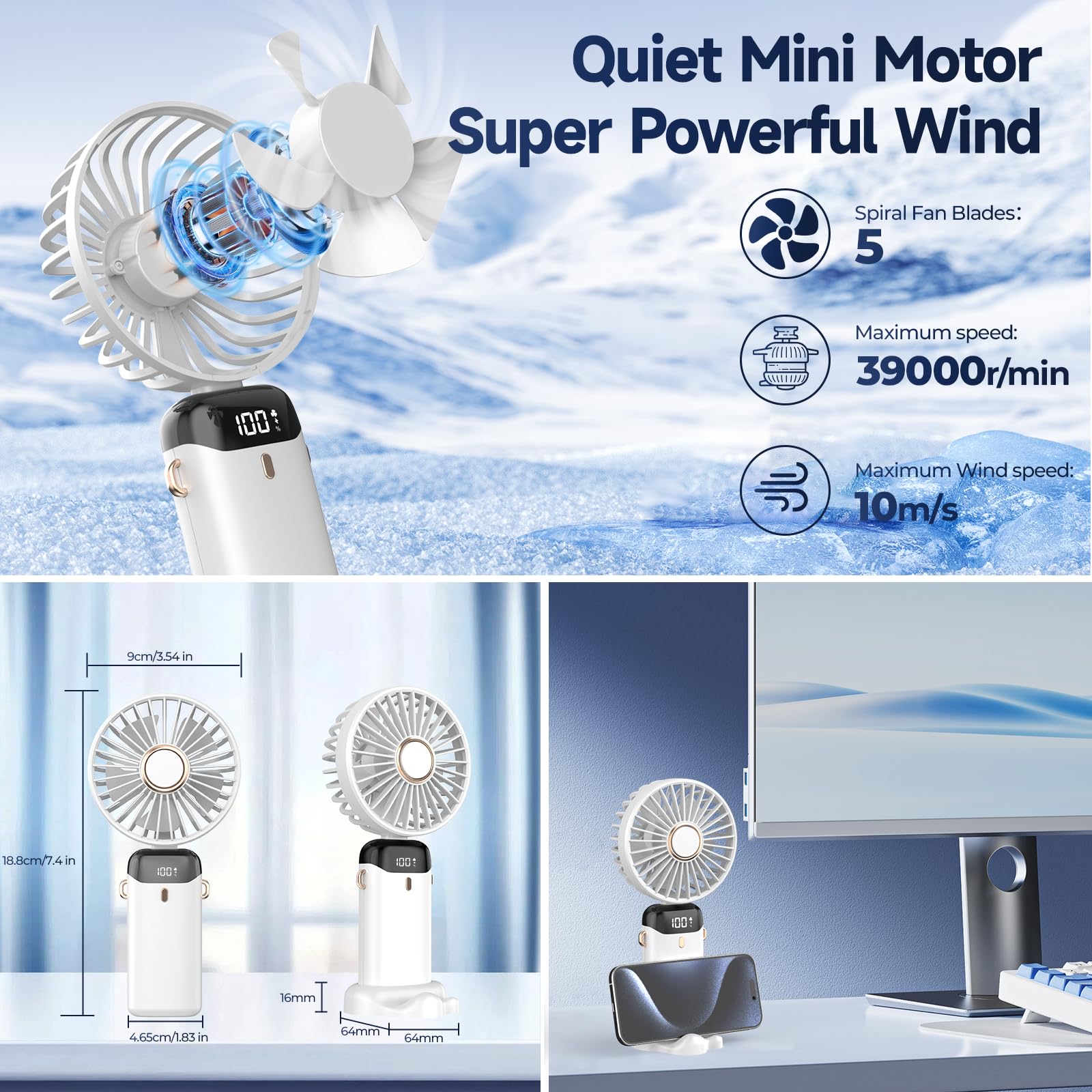 Rechargeable Portable Handheld Fan,5000Mah Battery Operated Mini Fan,5 Speeds And Led Display