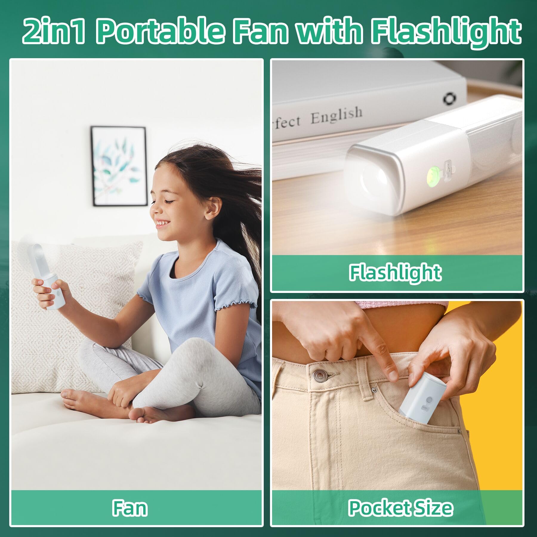 Sevenka 2-Pack Rechargeable Fan With Flashlight, 2In1 Mini Handheld Fans With Light, Pocket Usb-C Rechargeable Hand Fans, Portable Fans Cooling And Lighting Solution For Summer Travel Camping Outdoor