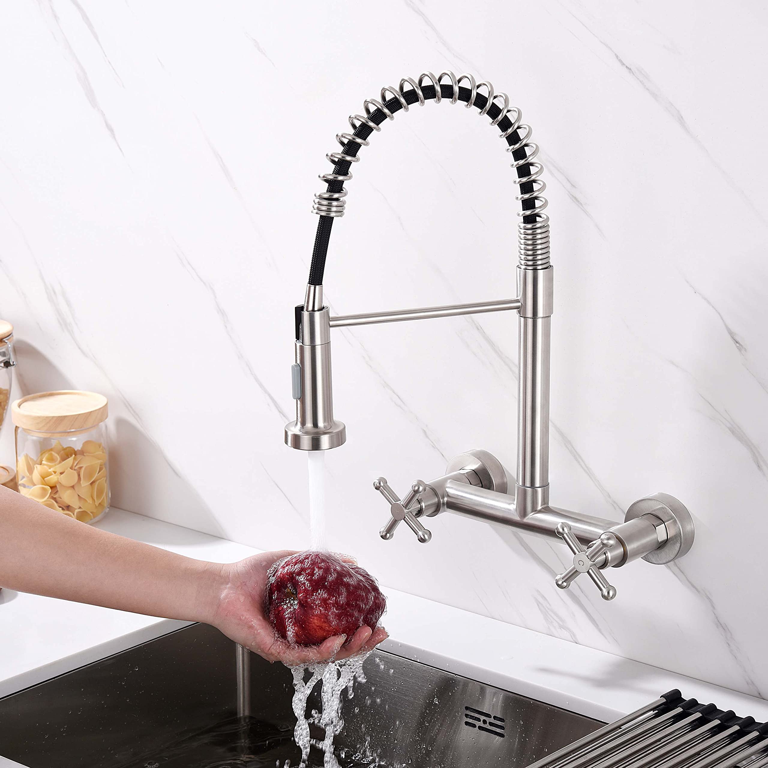 Hosilova Wall Mount Kitchen Sink Faucet With Pull Out Sprayer Tow Function Commercial Spring Faucets 2 Industrial Handle High Arc Center Kitchen Faucets, Brushed Finish
