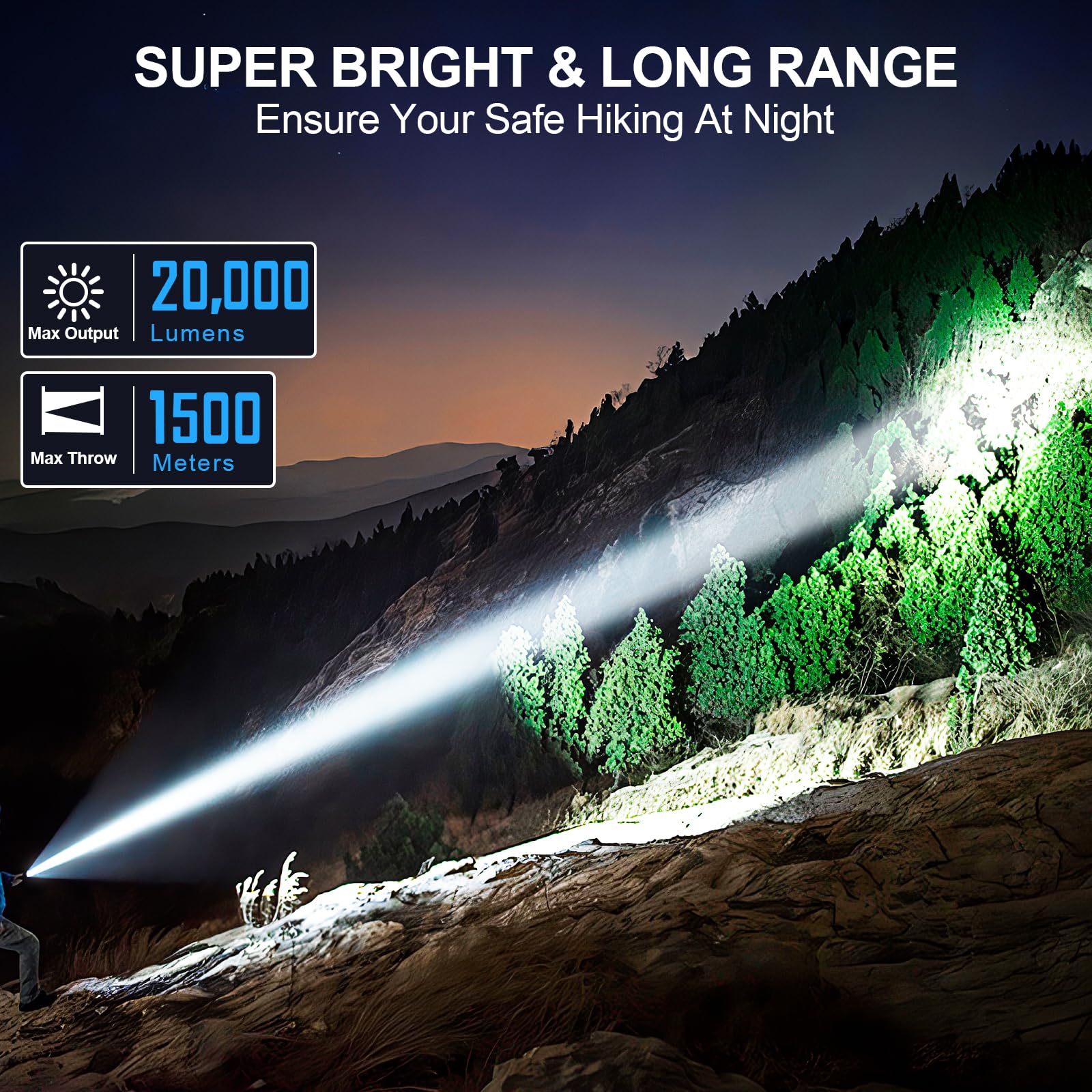 Banral Rechargeable Flashlights 20,000 High Lumens, 1500M Long Throw Super Bright Led Small Powerful Tactical Flashlight With Memory Function, 6Modes Pocket Waterproof Flash Light For Camping,Emergency