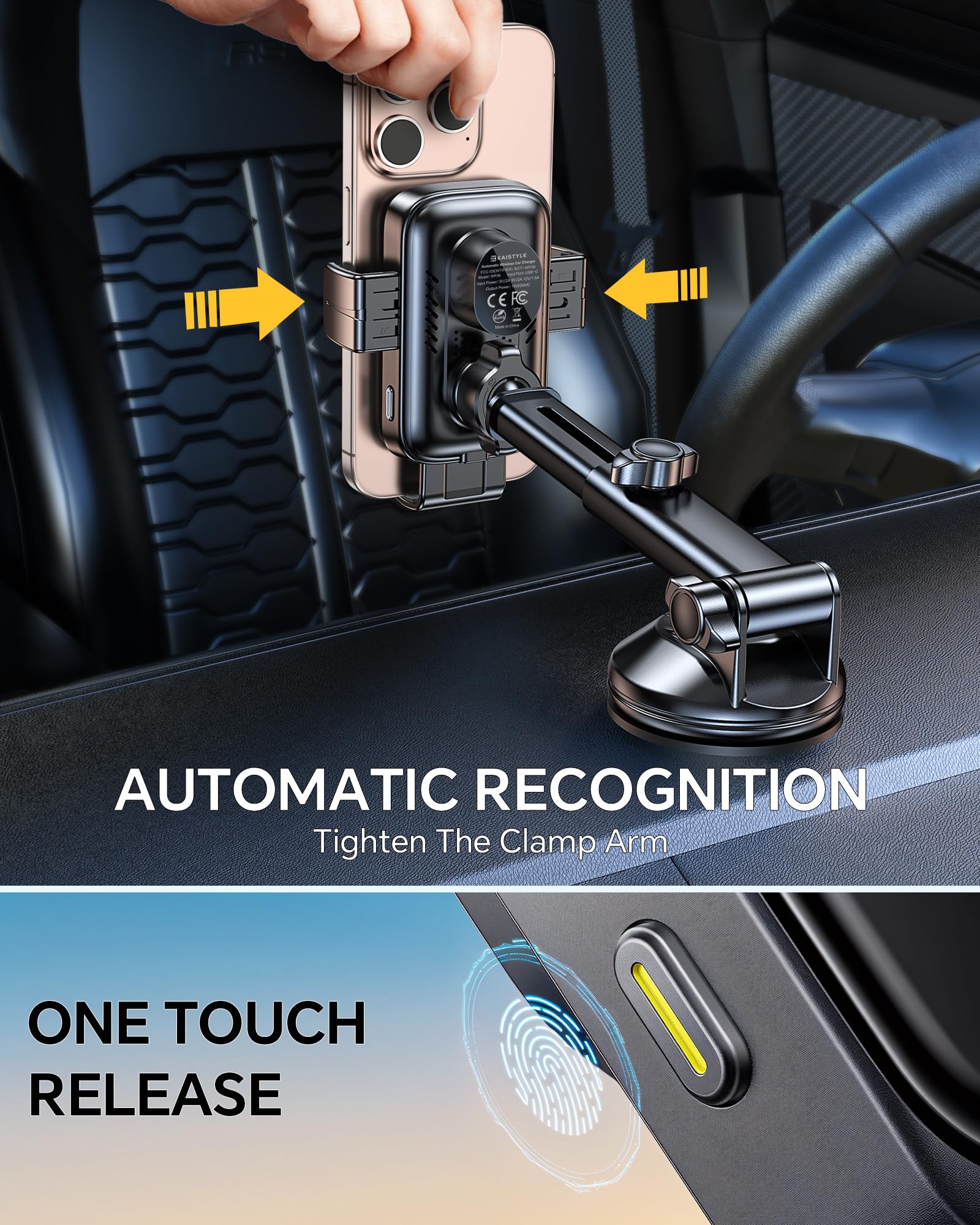 Kaistyle Wireless Car Charger Mount, Wireless Phone Charger For Car Auto Clamping Car Phone Holder Charger【 Wind + Vent + Dash 】Car Wireless Charger For Car For Iphone 16 15 14, Galaxy S24 S23 S22 Etc