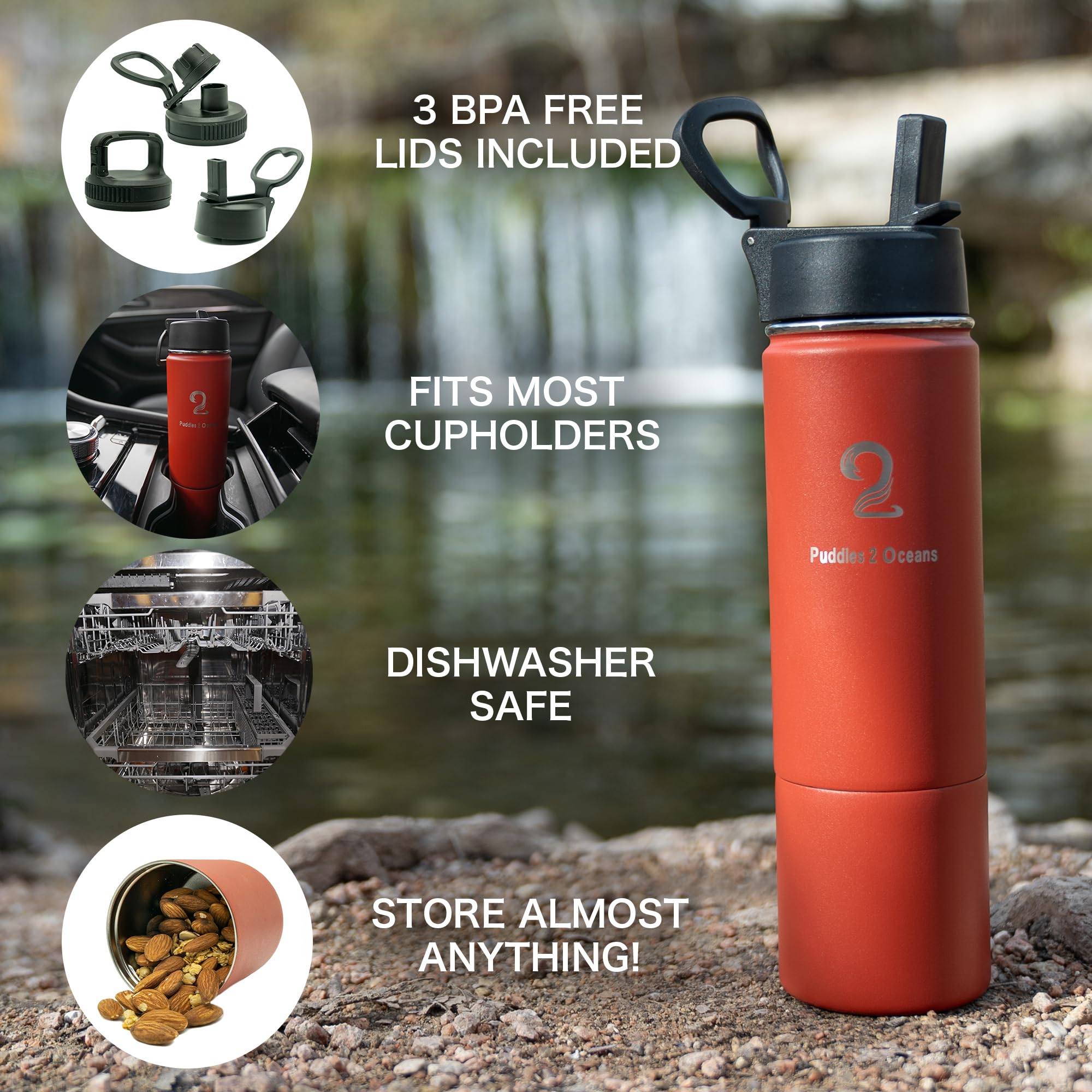 Insulated Water Bottle & Snack Container - Stainless Steel Water Bottle, 3 Lid Types