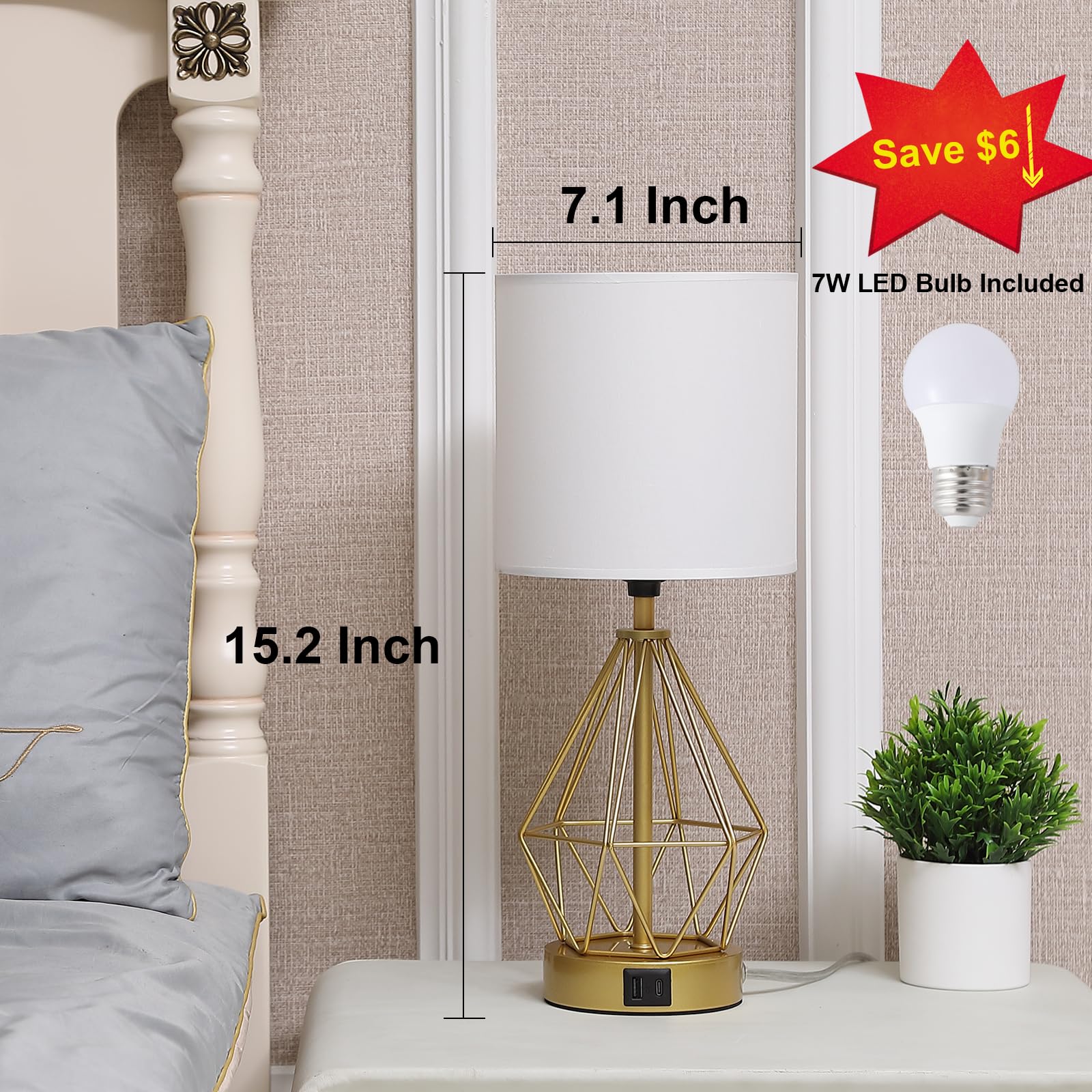 Sheenkarion Modern Touch Control Small Gold Table Lamp,Dimmable Bedroom Bedside Nightstand Lamp With Usb C+A Charging Port,Living Room Office Desk Lamp With White Fabric Shade(Bulb Included)