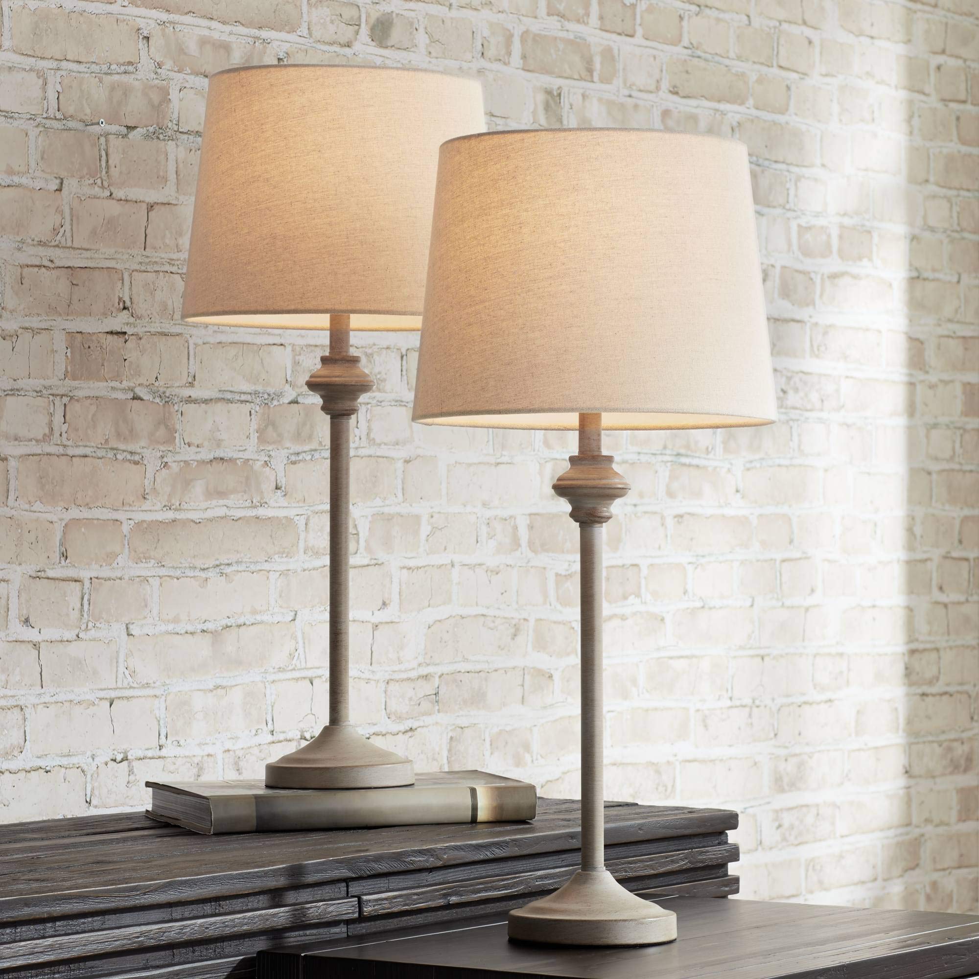 360 Lighting Lynn Country Cottage Rustic Buffet Table Lamps 26 3/4" Tall Skinny Set Of 2 Light Beige Wood Oatmeal Fabric Tapered Drum Shade For Living Room House Home Dining Office Entryway Family
