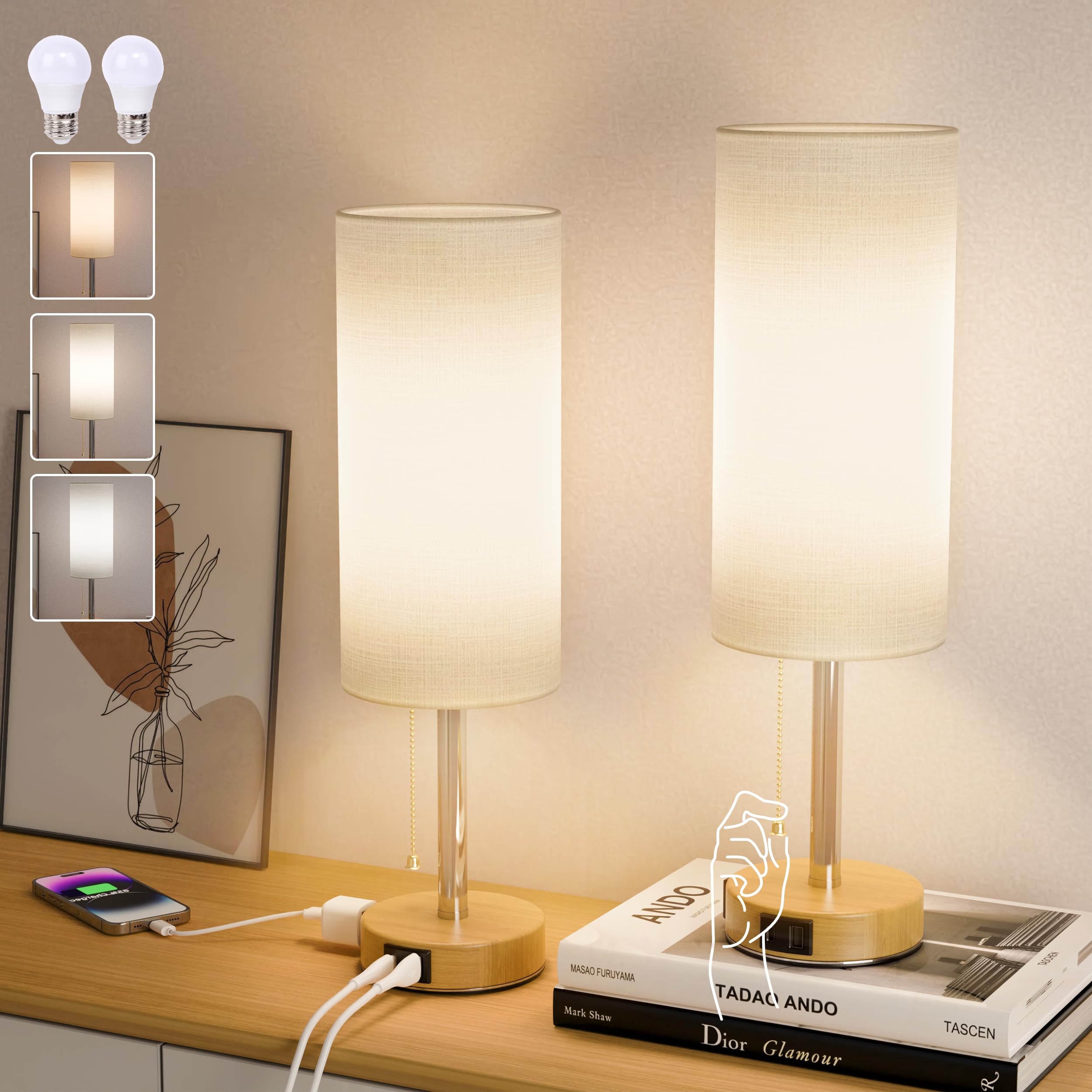 Onyxa 20” Bedside Lamps Set Of 2 With Ac Outlet, Usb A & C Charging Ports, 3 Color Temperatures Table Lamps With Pull Chain Switch, Nightstand Lamp With E26 Bulbs For Bedroom, Office & Living Room