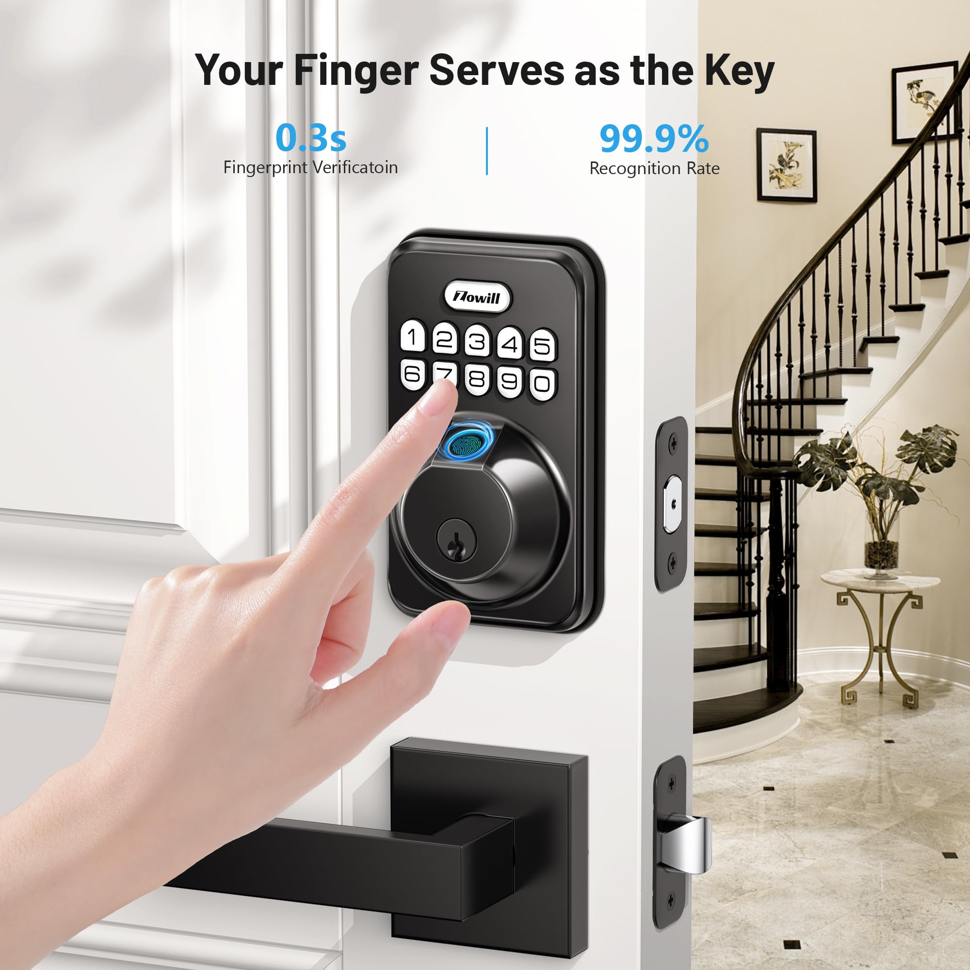 Zowill Fingerprint Door Lock, Keypad Door Lock With 2 Handles, Keyless Entry, Auto Lock, Anti-Peeping Password, Electronic Deadbolt, Front Door Handle Sets For Homes, Apartments, Easy To Install