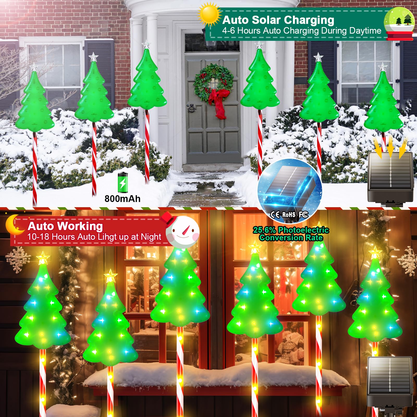Garpar Christmas Decorations Outside, 102Led Solar Christmas Pathway Lights Outdoor Candy Cane Lights, 8 Modes Waterproof Solar Outdoor Christmas Decorations For Pathway Yard Garden Outside - 6 Pack