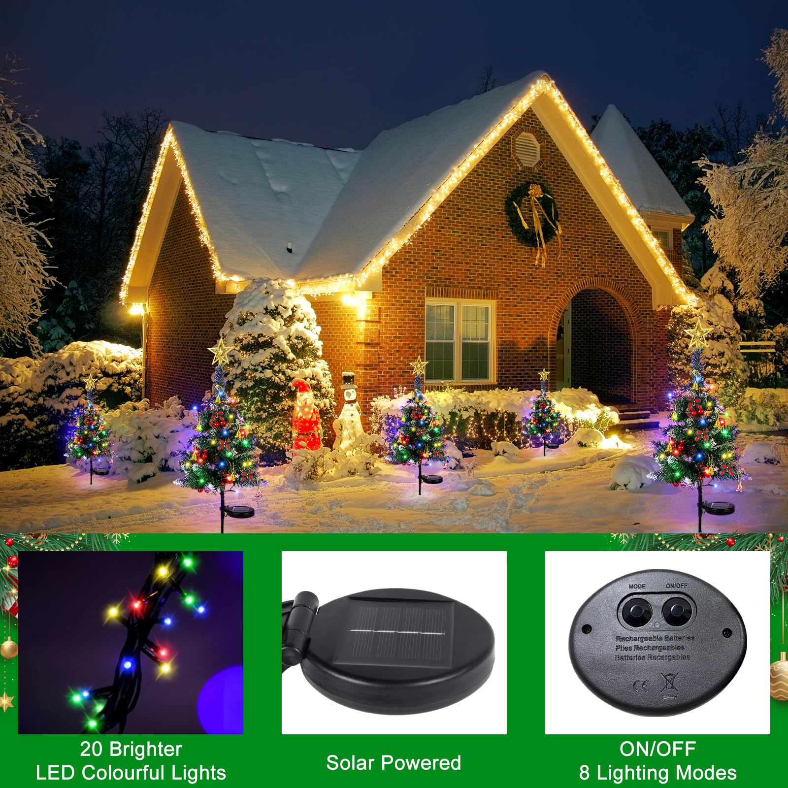 Ourwarm 2Pcs Solar Christmas Tree Lights Outdoor Decorations, 20 Leds Path Lights 8-Mode Flickering, Small Mini Solar Christmas Tree For Outside Yard Pathway Garden Grave Cemetery Xmas Decor