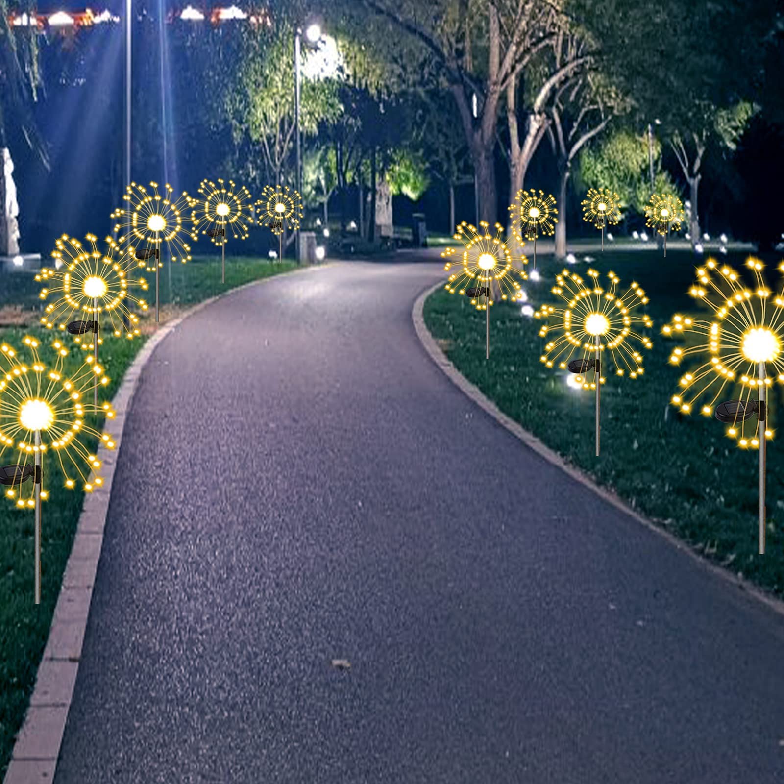 Xvz Solar Garden Light, 2 Pack  120 Led Solar Powered Firework Light,2 Modes And Waterproof Diy Outdoor Decoration Light For Walkway Pathway Backyard Christmas Party Decor（Warm White）