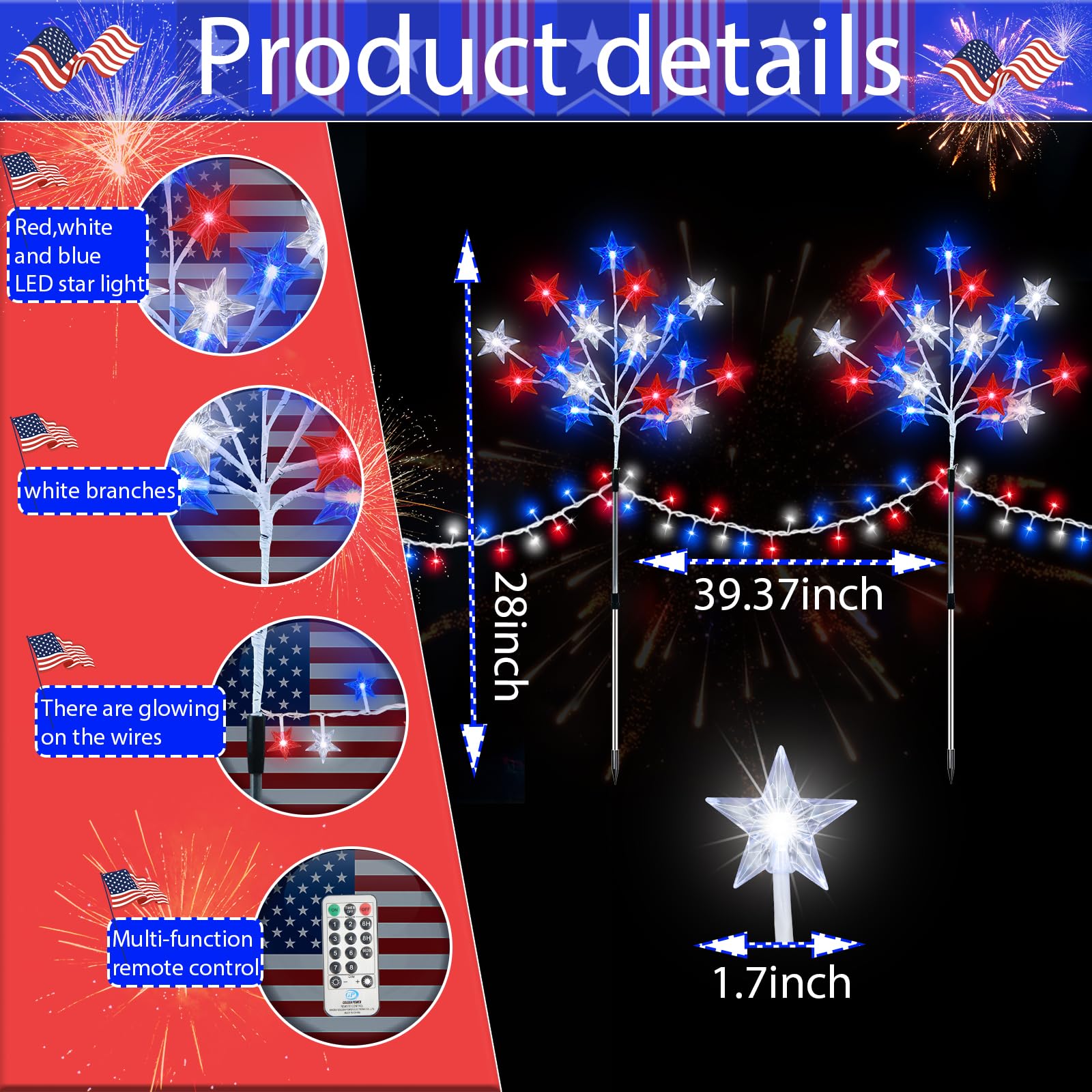 Kenburg 4Th Of July Decorations, 4 Packs Red White And Blue Stars Pathway Lights, 8 Modes Stake Light Patriotic Decor Outdoor Lights For Memorial Day Independence Day Yard Grave Garden Lawn