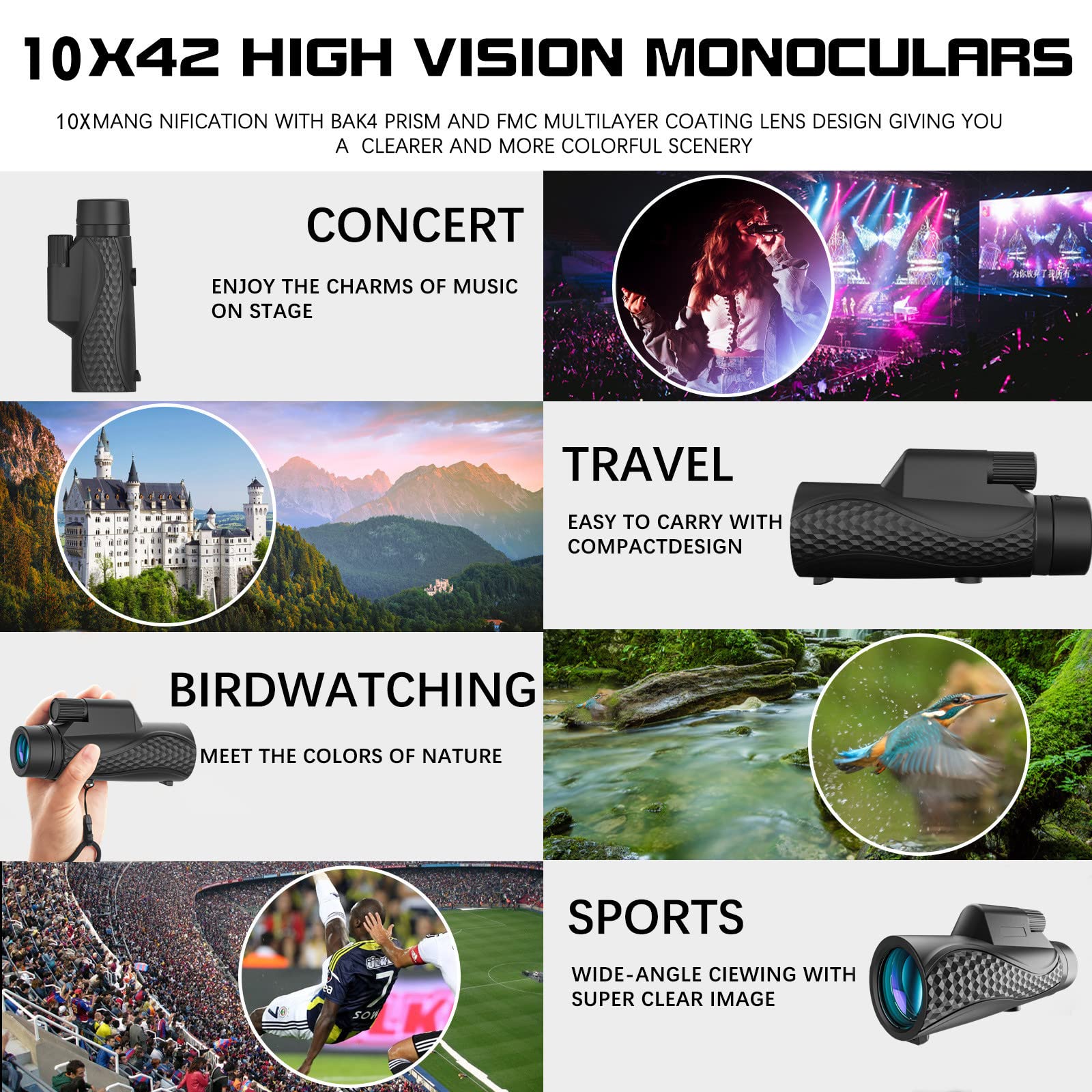 Pocnsen Monocular Telescope 10X42 Compact Monoculars For Adults High Porwered Monoculrar With Smartphone Adapter &Tripod Hd Monocular For Viewing Wildlife Hunting Bird Watching Hiking Traveling