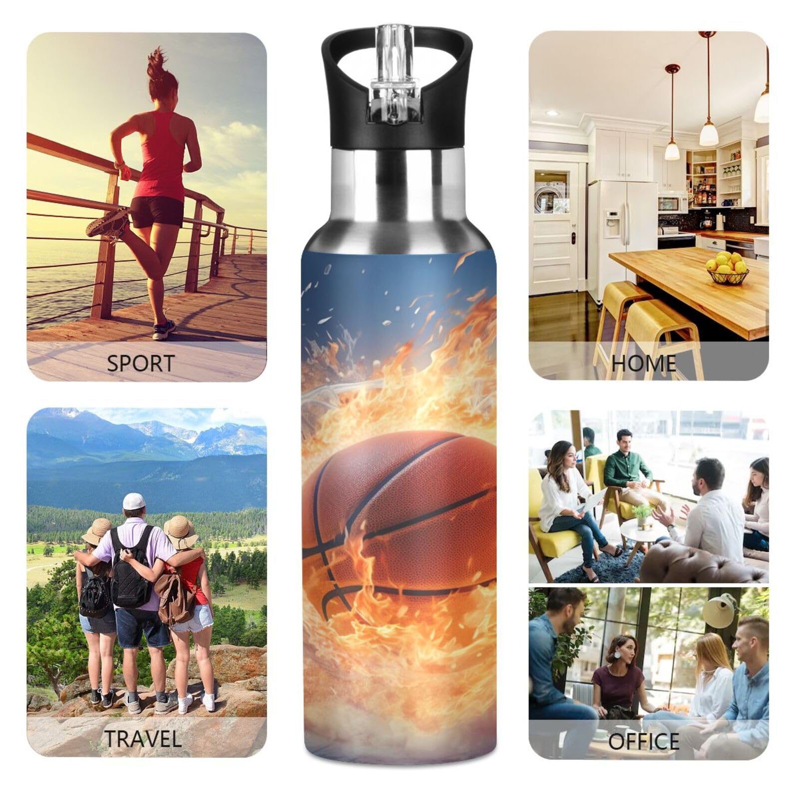Water Bottle With Straw Lid Leak Basketball With Snow And Fire Stainless Steel Metal Double Wall