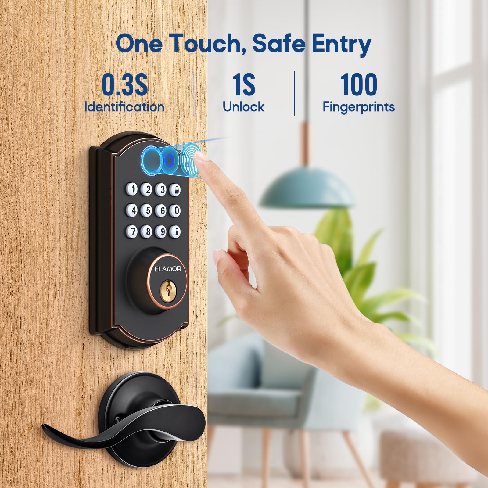 Elamor M19 Fingerprint Door Lock With 2 Lever Handles, Keyless Entry Door Lock, Automatic Locking, Easy To Install, Electronic Keypad Deadbolt With Code, Front Deadbolt Handle Sets, Oil Rubbed Bronze