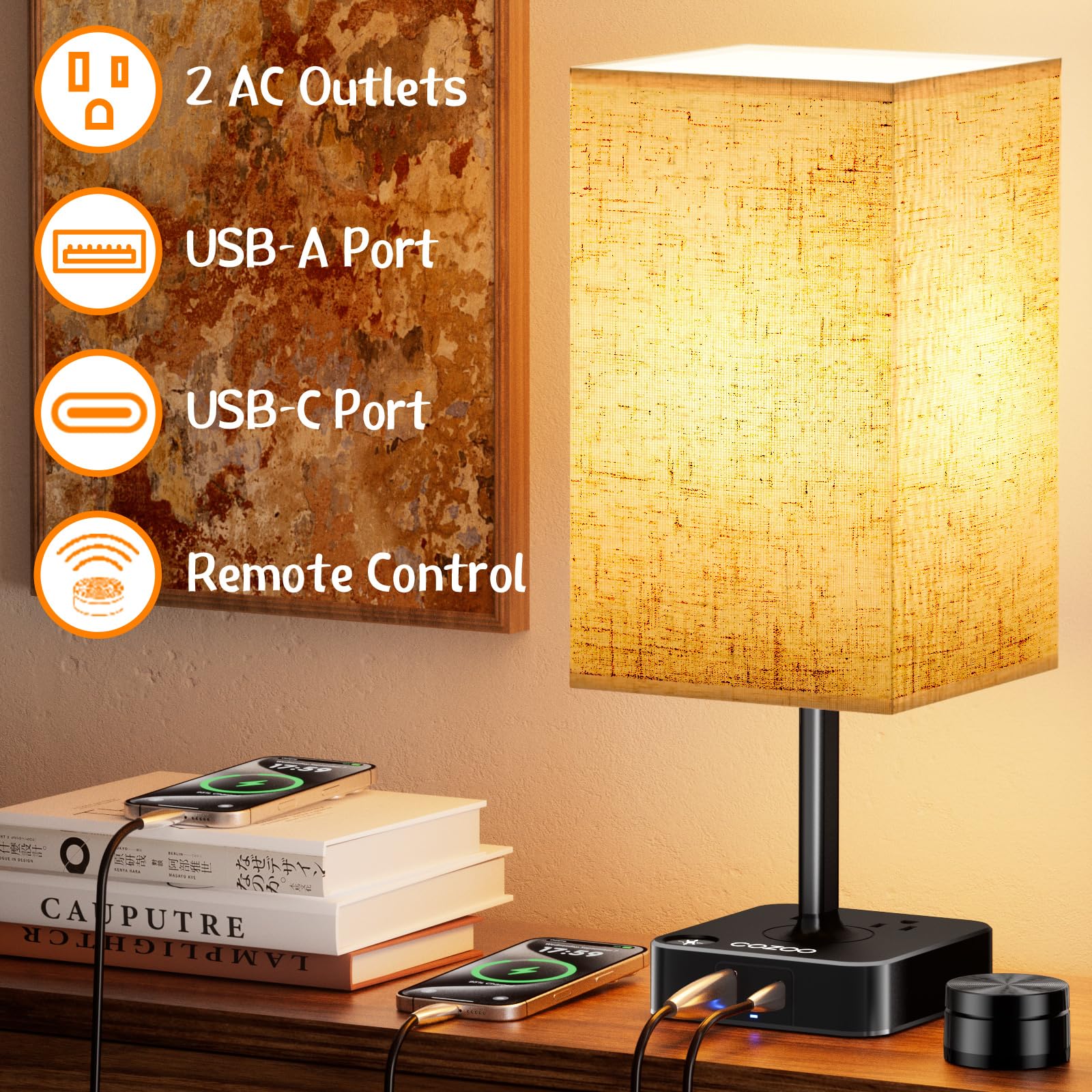 Cozoo Bedroom Table Lamp With Remote Operation Control,Dimmable Bedside Table Desk Lamps With Usb C+A Charging Ports 2 Ac Outlets,Nightstand Lamp Flaxen Shade Lamp For Living Room,Dorm,Home Office,Decor