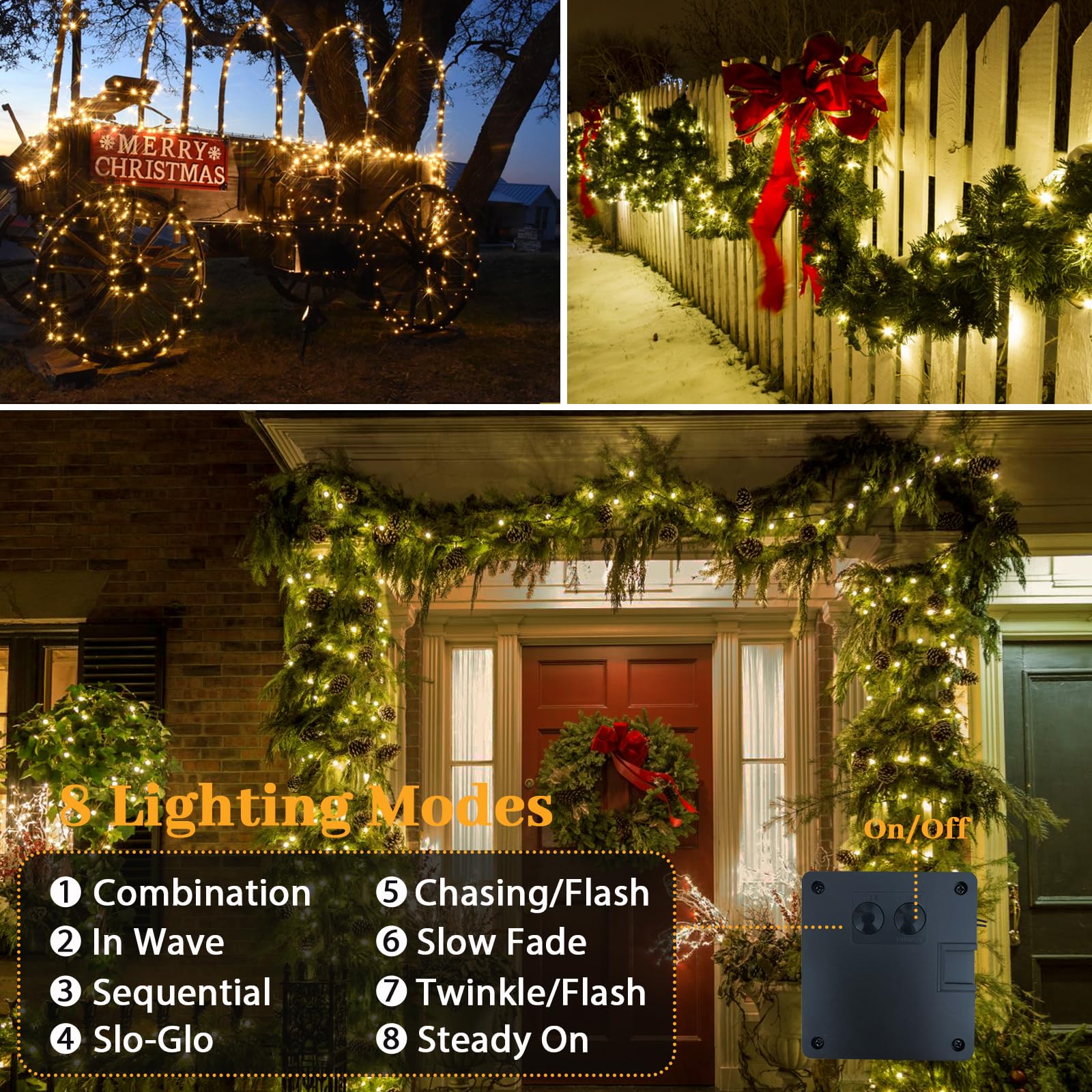 Elavika Solar Christmas Lights Outdoor, 2 Pack 40Ft 100 Leds, Total 80Ft 200 Led, Waterproof Solar Powered String Lights For Outside Xmas Tree Garden Fence Patio Balcony Decoration, Warm White
