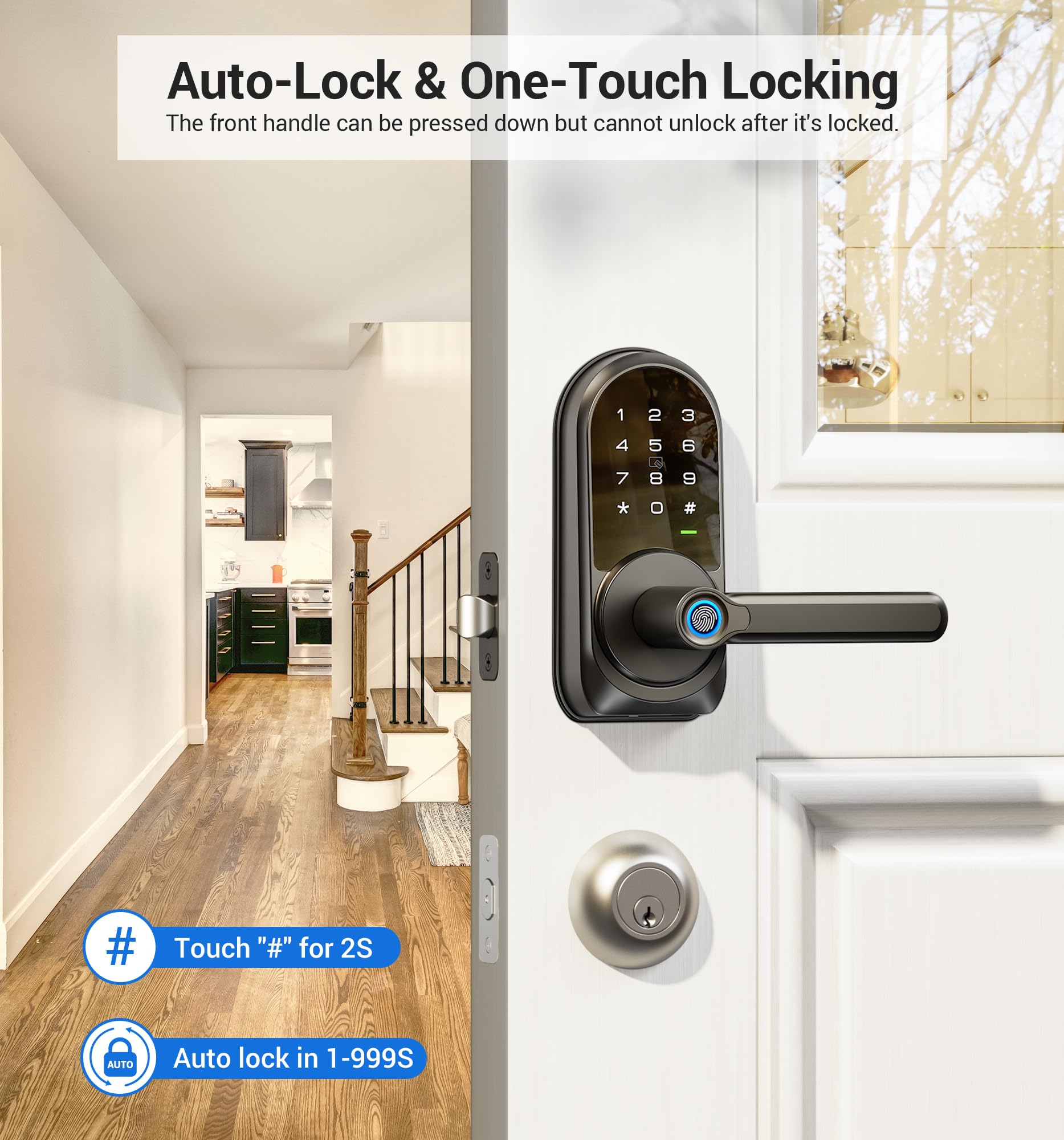 Veise Rz09 Smart Lock, 7-In-1 Keyless Entry With Handle Set, App Control Fingerprint Deadbolt For Front Door, Electronic Digital Locks With Keypad, Matte Black