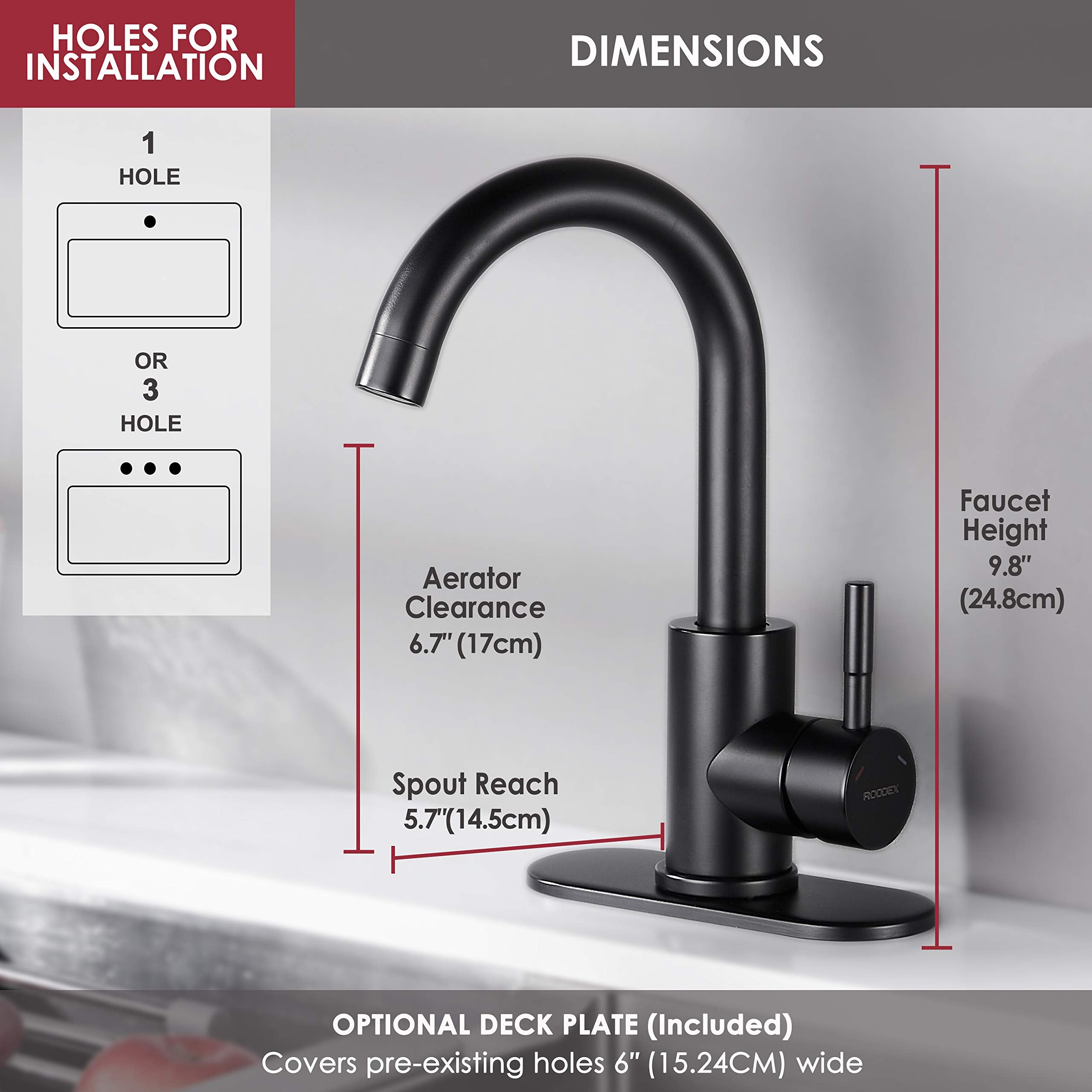 Roddex Wet Bar Sink Faucet Stainless Steel One Hole 360 Swivel Bar Mixer With 3 Hole Cover Deck Plate Small Modern Single Handle Kitchen Tap For Bath Bathroom Sink Prep Sink,Matte Black …