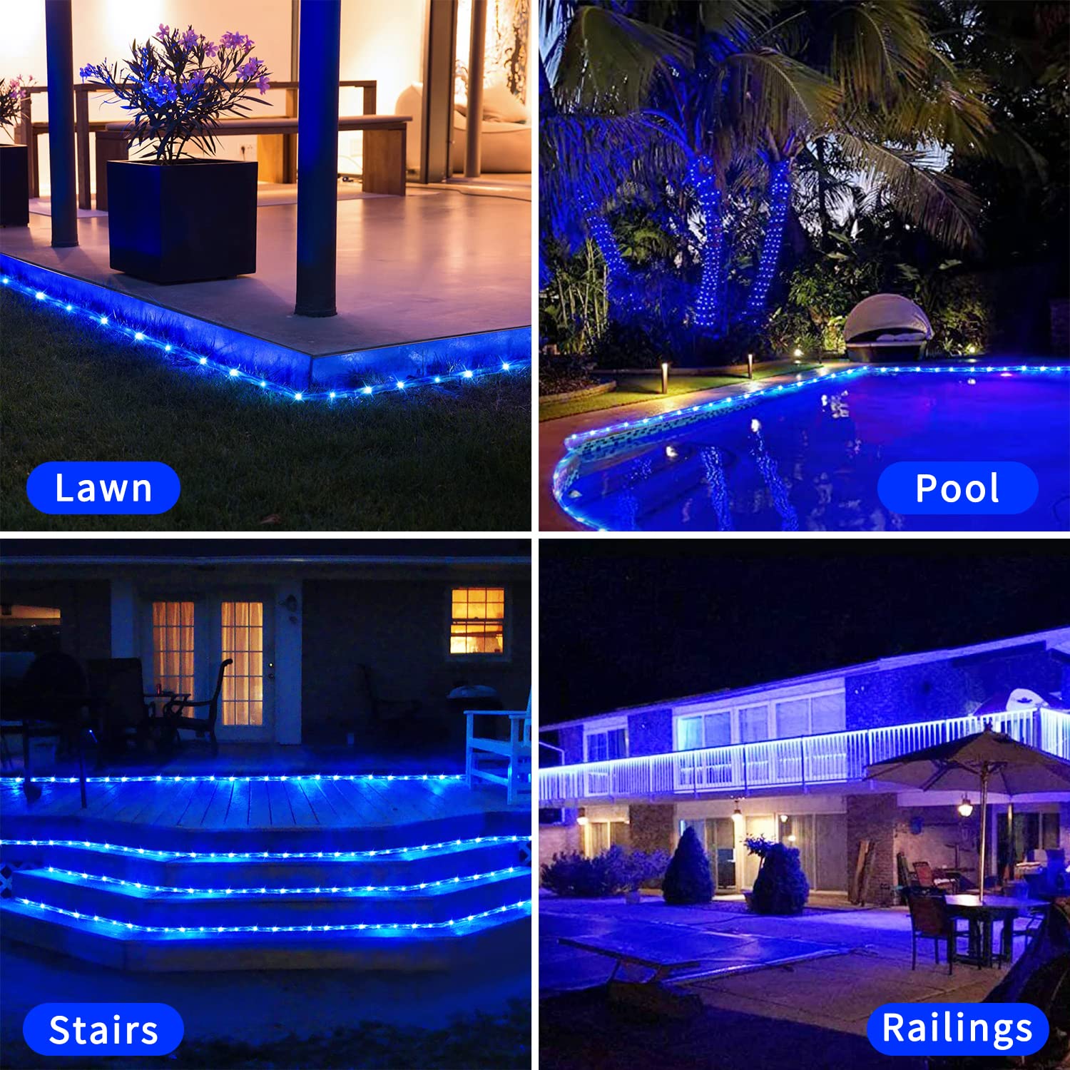 Potive 200 Led Outdoor Waterproof Solar Pool Lights, 66Ft Solar Rope Lights Blue With 8 Modes, Blue Rope Lights For Outside For Trampoline Camping Fence Decor (2 Pack)