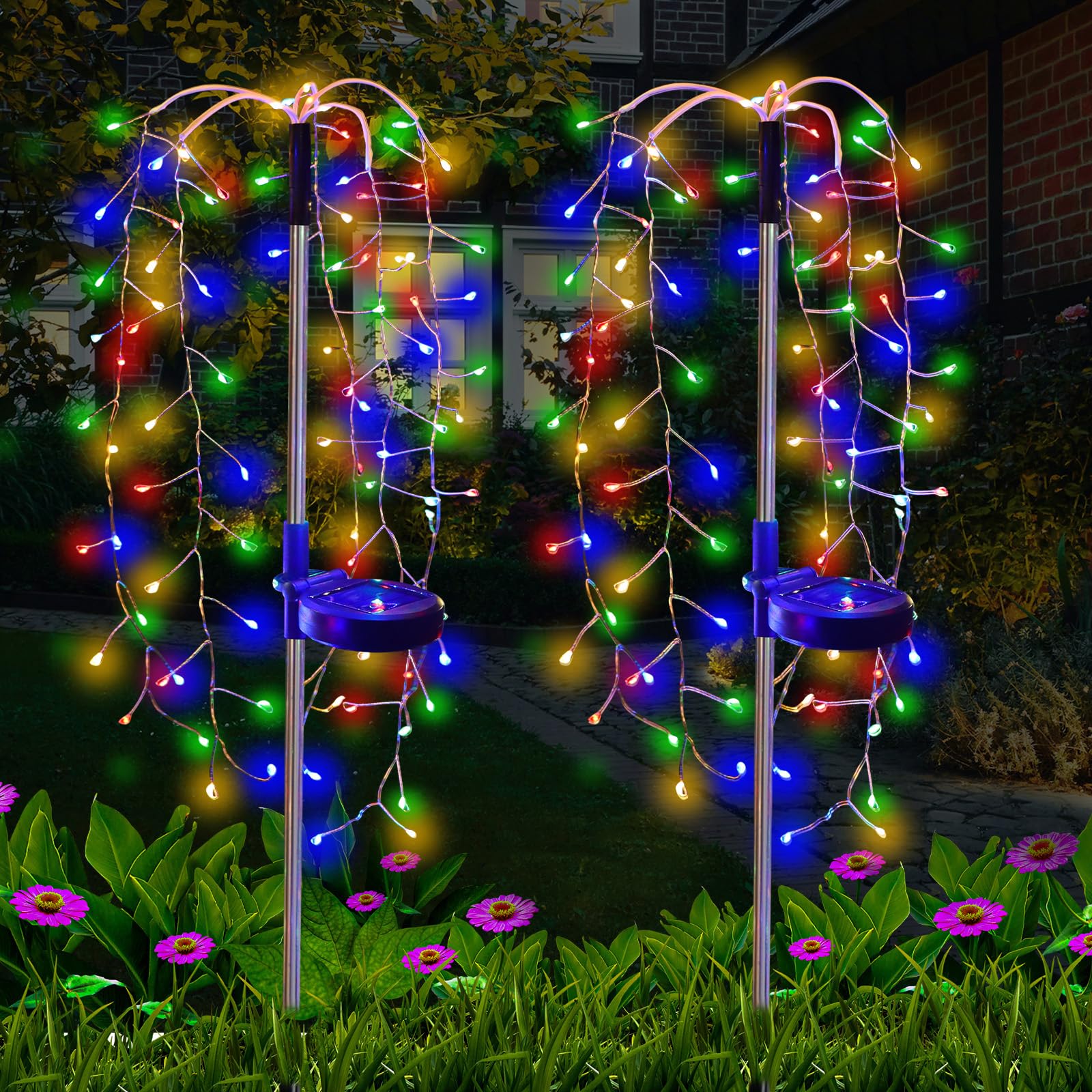 Aveki Solar Garden Lights Outdoor, 2 Pack 180 Led Multi-Color Solar Firework Lights Path Lights Waterproof, 2 Modes Fairy Twinkle Swaying Tree Decorative Solar Lights For Yard Patio Walkway Party (Color1)