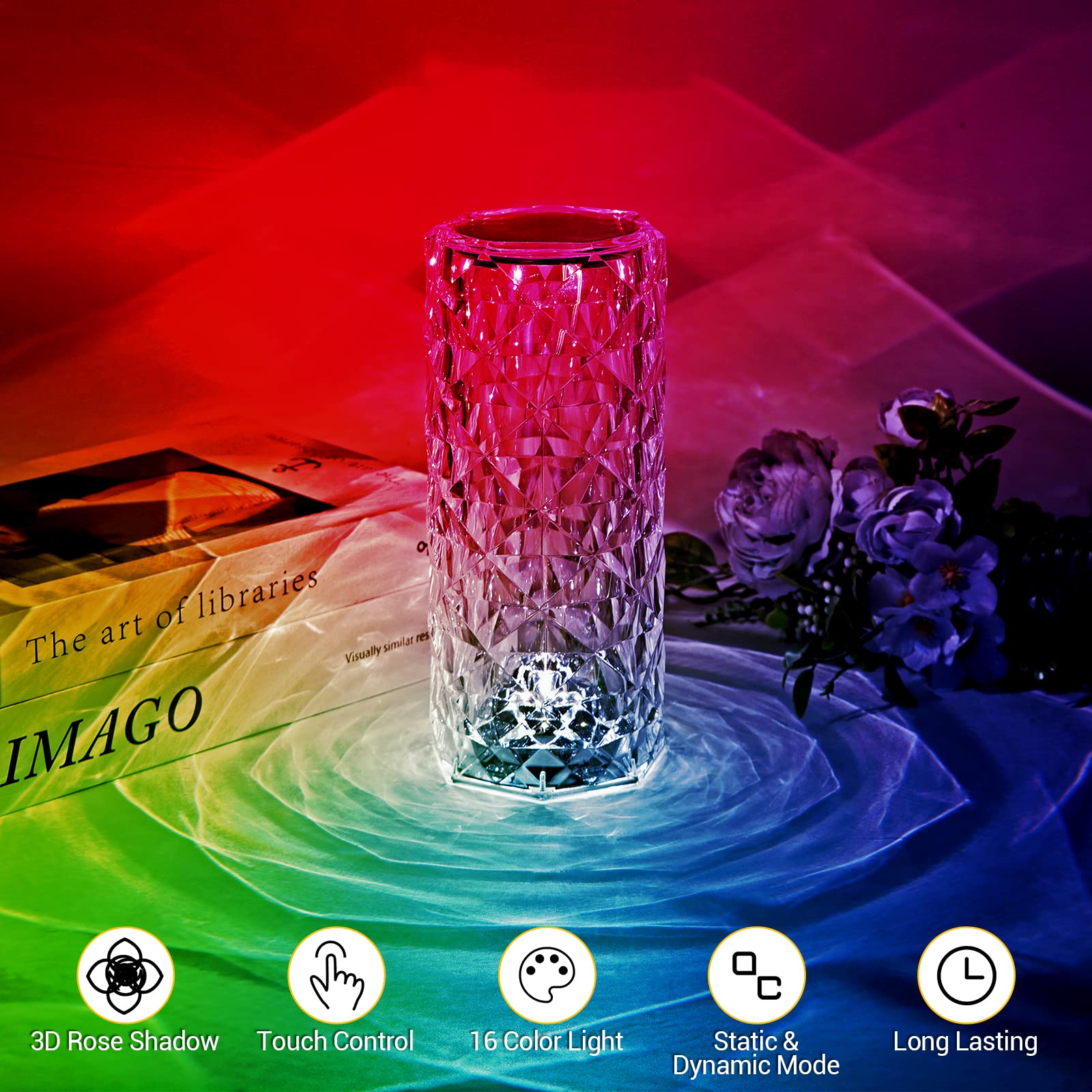 Best World Led Rose Lamp, Touch Control, Crystaltable Lamp With 16 Colors,Rgb Night Light Usb & Remote Control,Led Diamond Touch For Bedroom, Rechargeable Light, Birthday