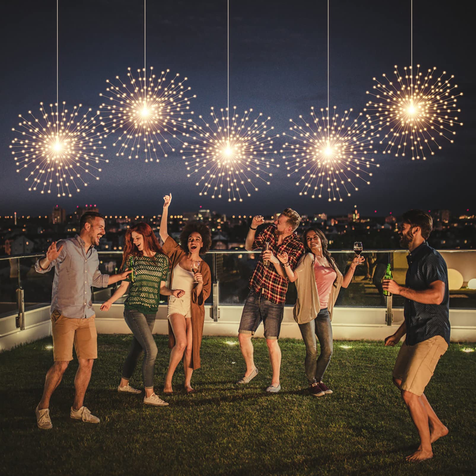 Shukan 200 Led Starburst Sphere Lights - Firework Style, Battery Powered, Waterproof Tent Chandelier For Gardens, Porches And Christmas - Remote Control (Warm White)