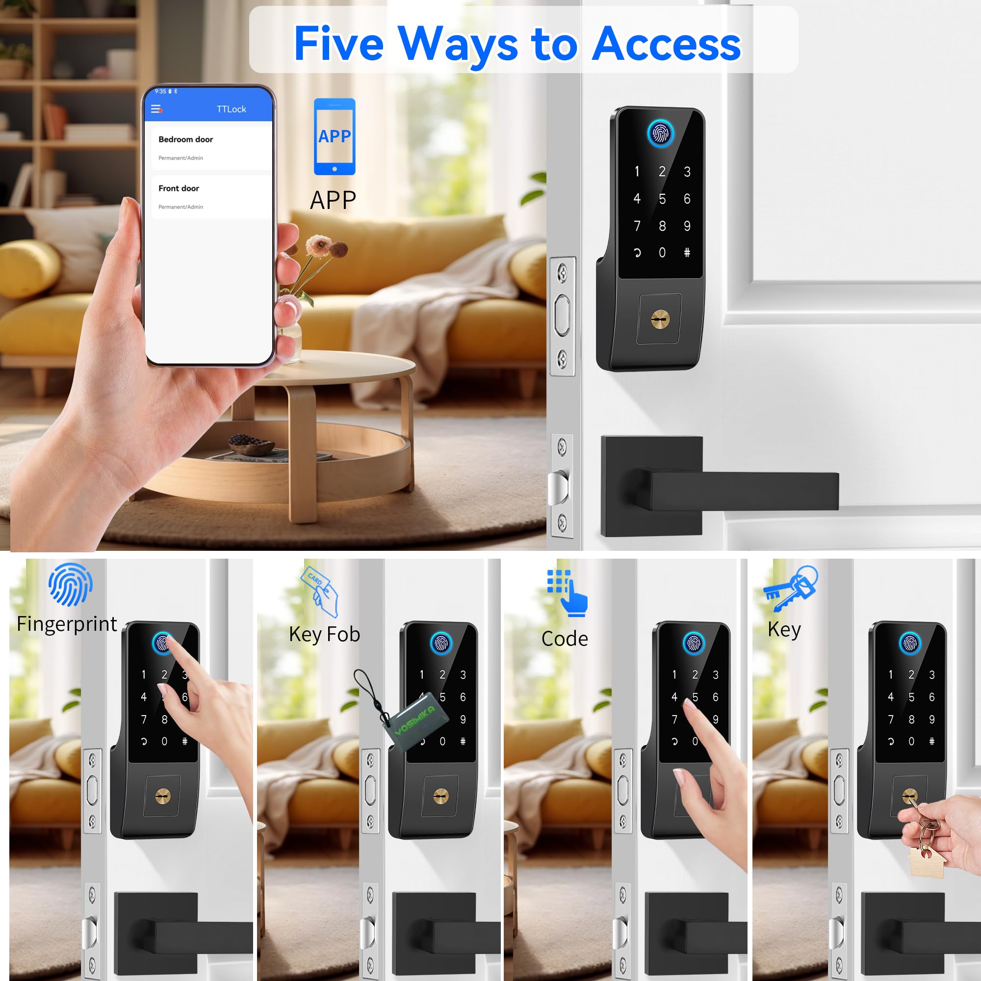 Yosimika Smart Fingerprint Digital Door Lock - Keypad Lock And 2-Lever Handle Set,Keyless Entry Deadbolt For Front Door, App & Voice Control, Auto-Lock, Anti-Peep,Matte Black