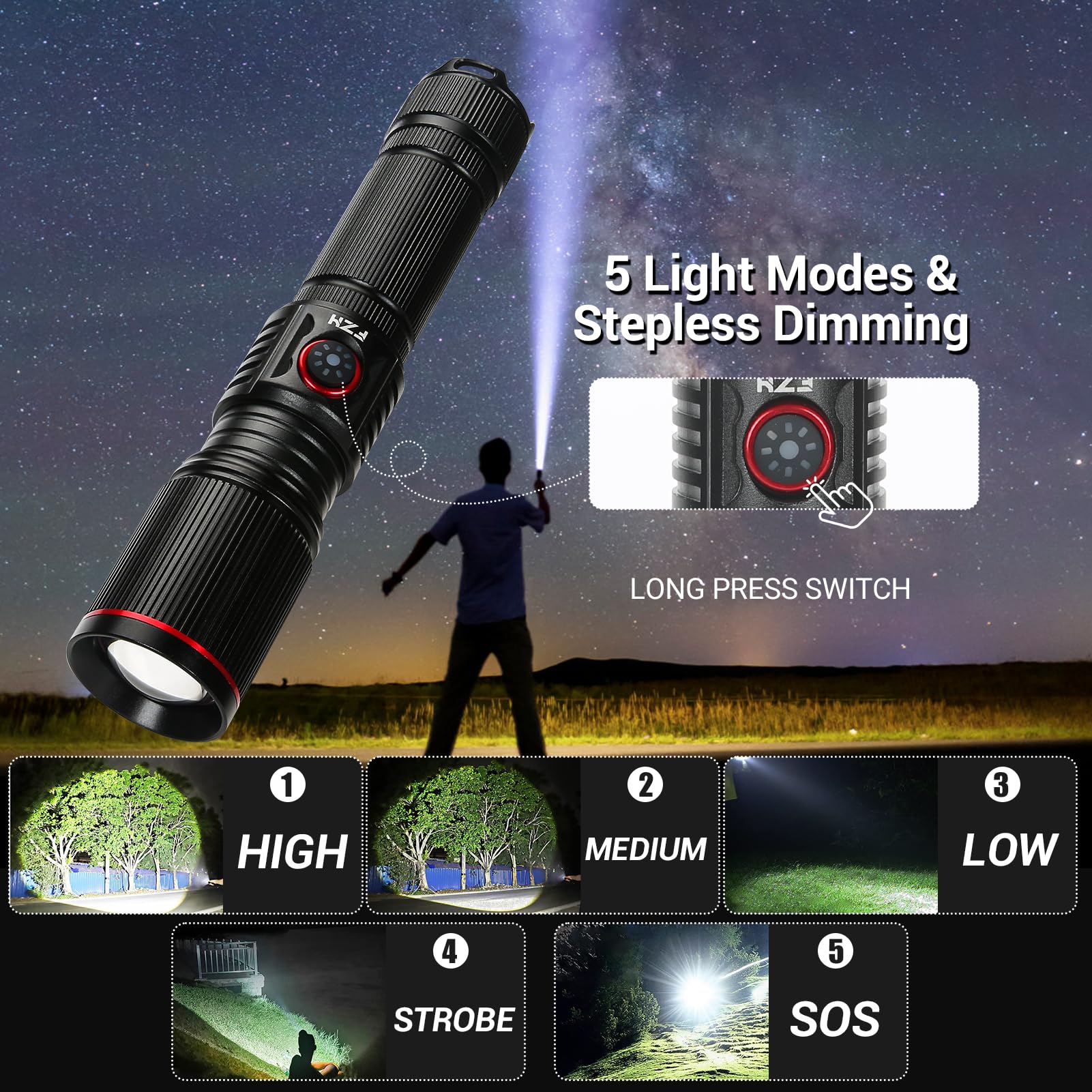 Fzh Flashlights High Lumens Rechargeable 2Pc 10000Lm Led Infinitely Dimmable Super Bright Usb Flash Light Powerful Handheld Utility Torch, 5 Modes, Waterproof For Outdoor Emergencies Camping
