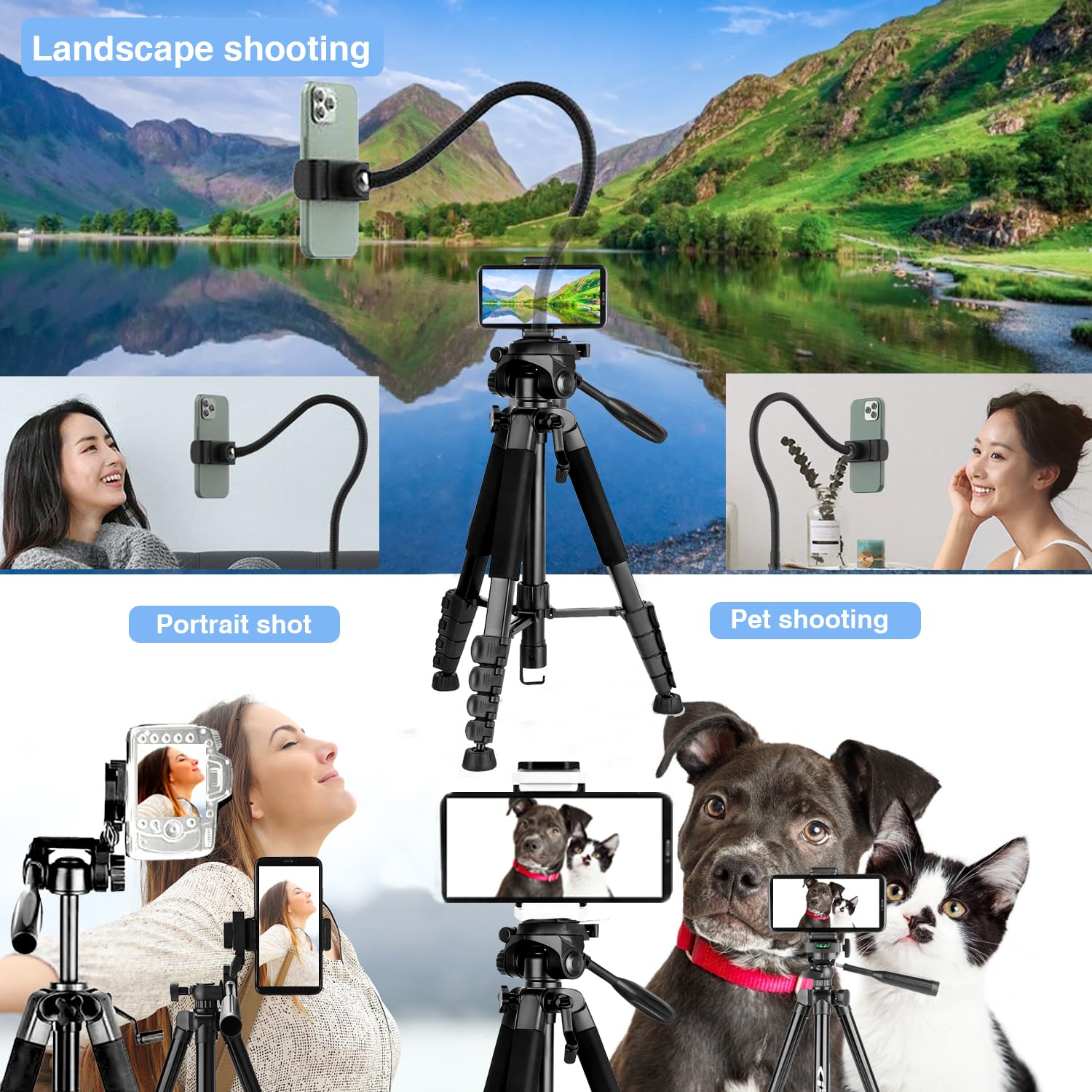 Yotetion 75 Inch Aluminum Phone & Camera Tripod With Gooseneck Stand, Extendable Cell Phone Tripod Stand Compatible With Iphone/Android/Action Camera Is Perfect For Live Streaming/Video Recording/Selfies