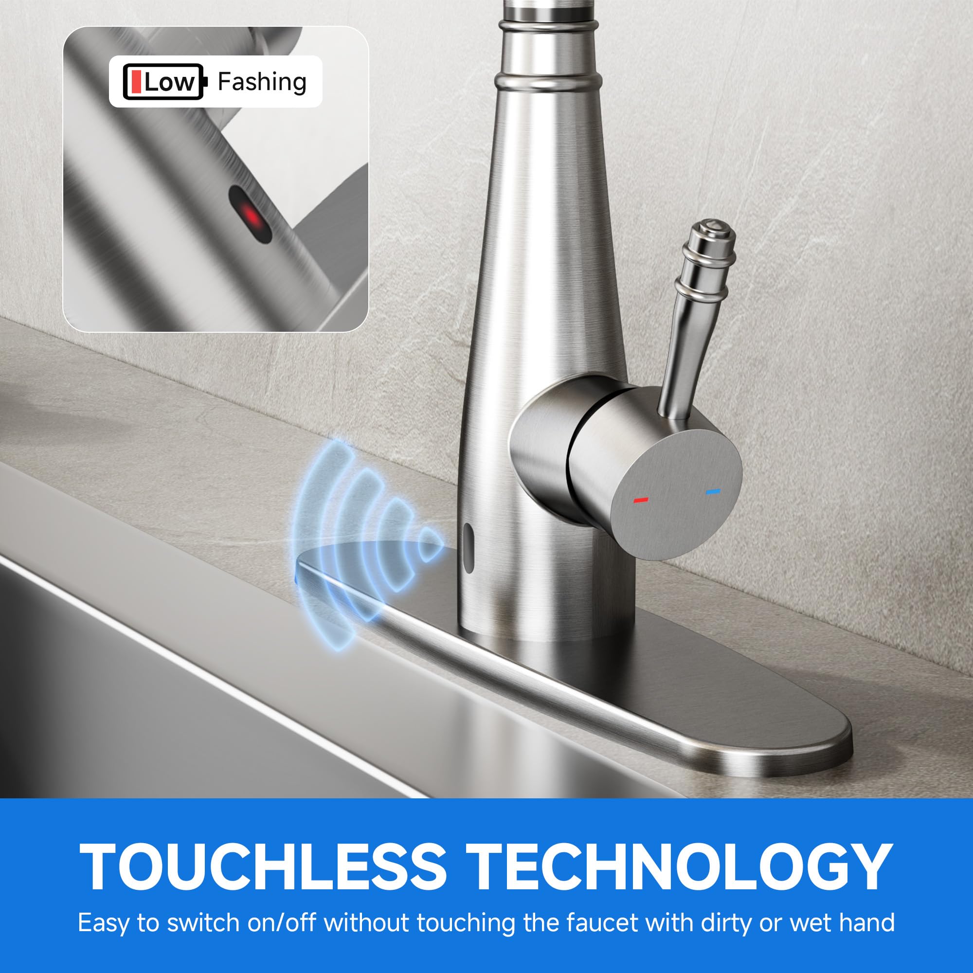 Kpaida Touchless Kitchen Faucets, Pull Down Kitchen Faucet, Kitchen Faucet With Pull Down Sprayer, 360° Swivel Infrare Motion Sensor Hands , Brushed Nickel
