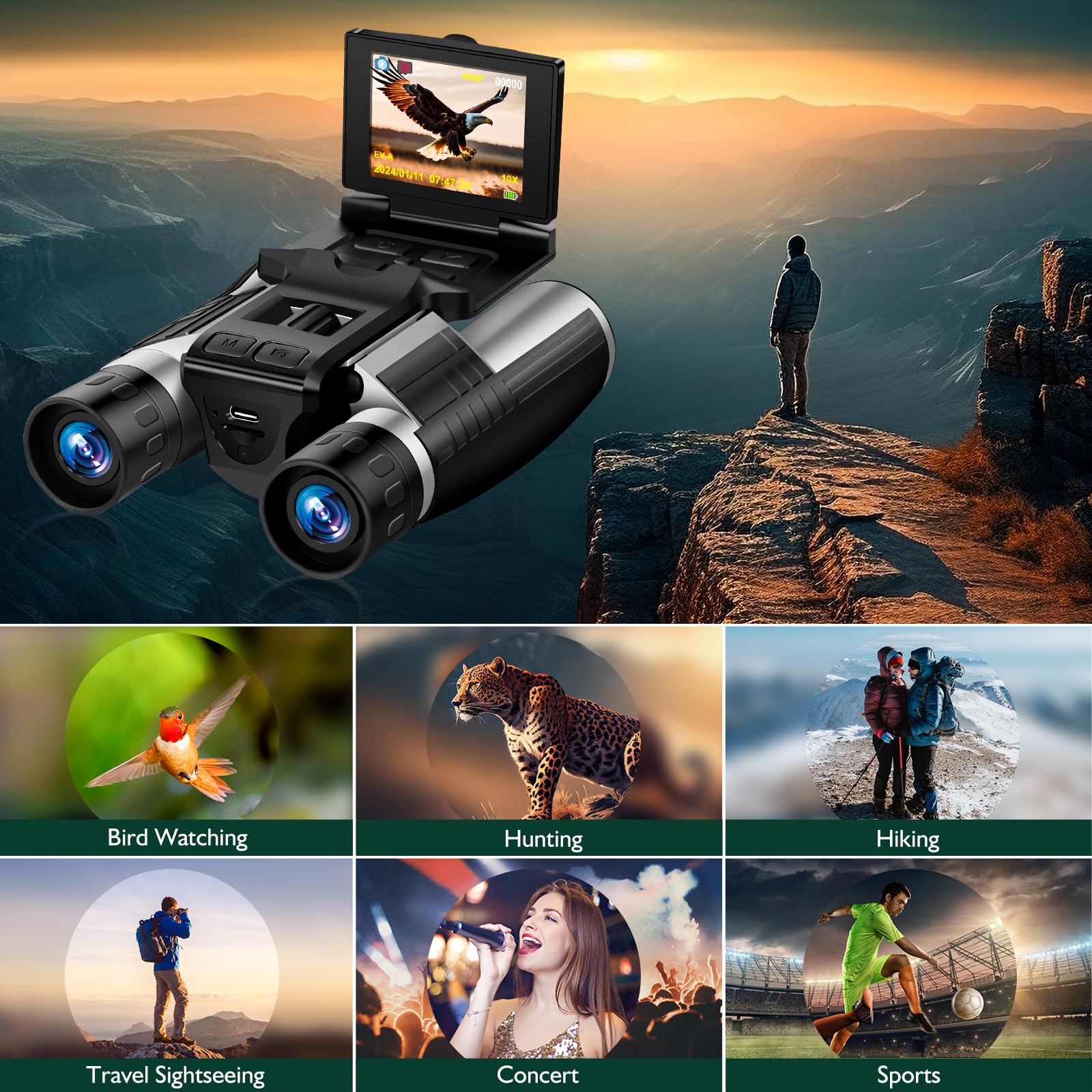 Camonity Digital Binoculars Camera, 2.4" Lcd Display 12X 48Mp Pictures 2.5K Videos Camera With 32Gb Card, Binoculars For Bird Watching Hunting Outdoor Adventures (Dt40)