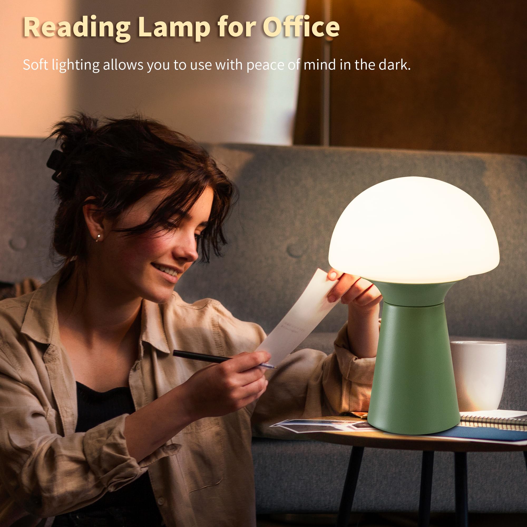 Lusharbor Mushroom Table Lamp, Battery Operated Lamp With Timer Small Portable Lamp Cordless Battery Powered Bedside Lamp Wireless Table Light For Bedroom Camping Kitchen (Green)