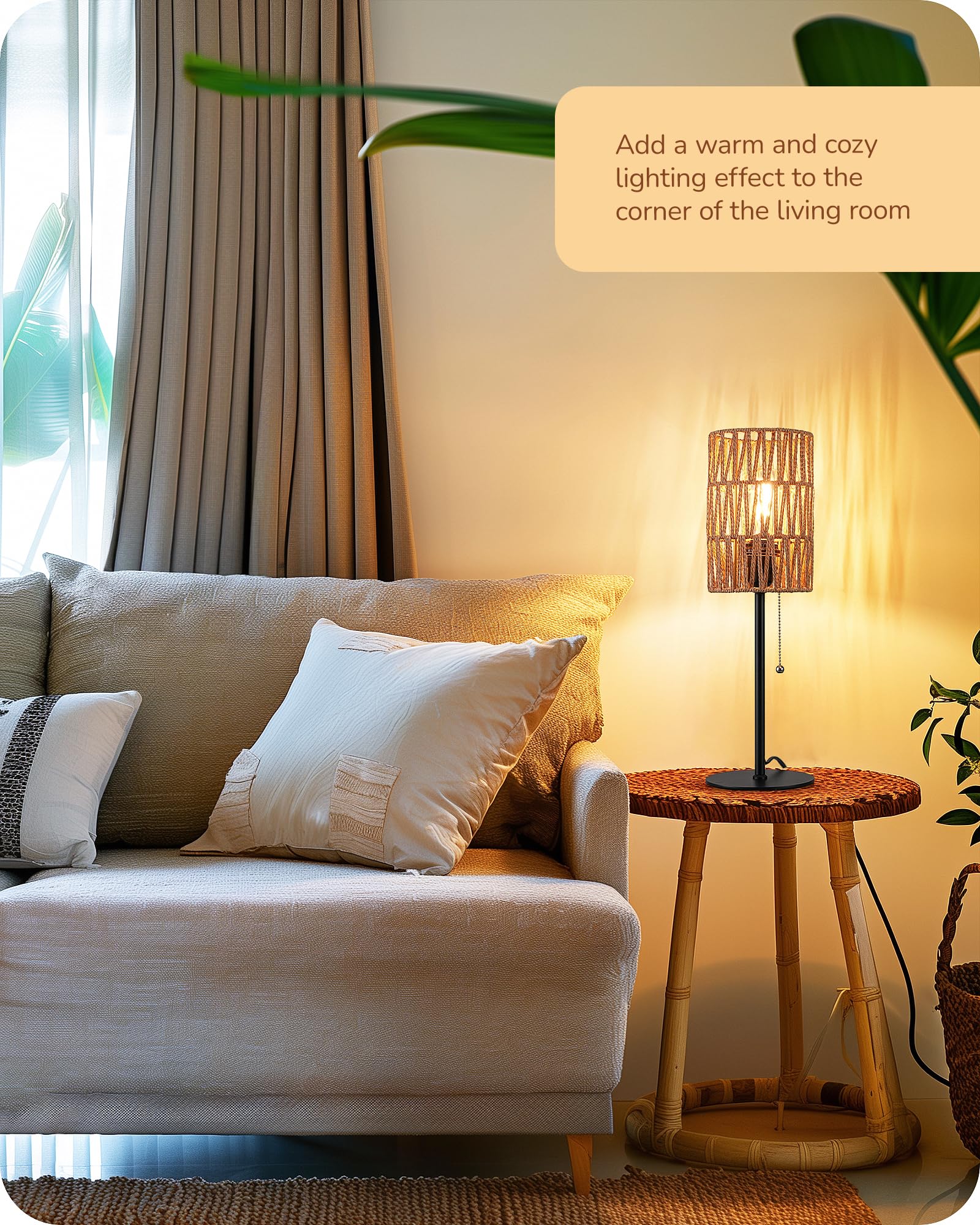 Edishine 19.1" Rattan Table Lamp, Tall Bedside Lamp With W-Knit Lampshade, Pull-Chain Switch & E26 Socket, Metal Base Boho Nightstand Lamp For Bedroom, Living Room, Office