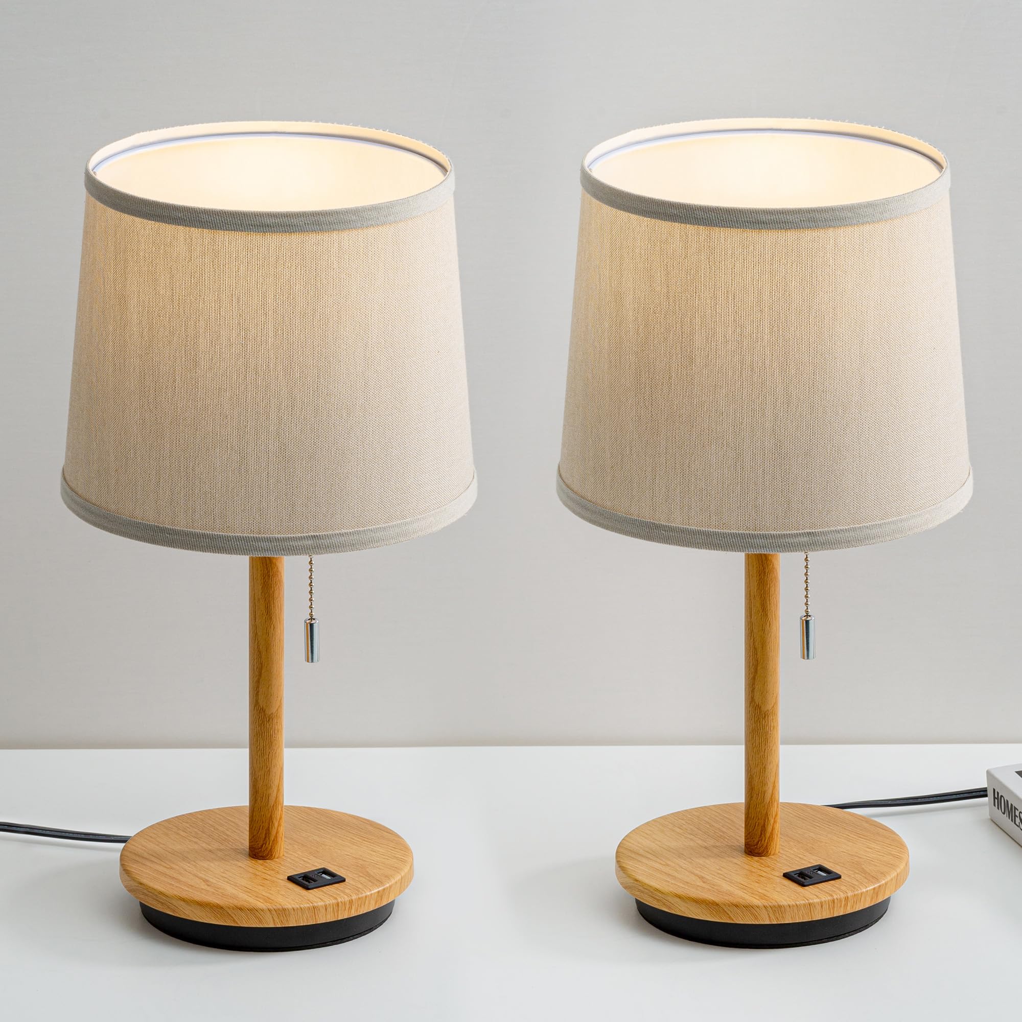 Visdanfo Modern Table Lamp For Bedroom Set Of 2, Desk Lamp With Usb Port, Fabric Shade 3 Brightness Levels Nightstand Lamps For Living Room, Bedside, Study Room, Dorm, Led Bulb Included (Flaxen)