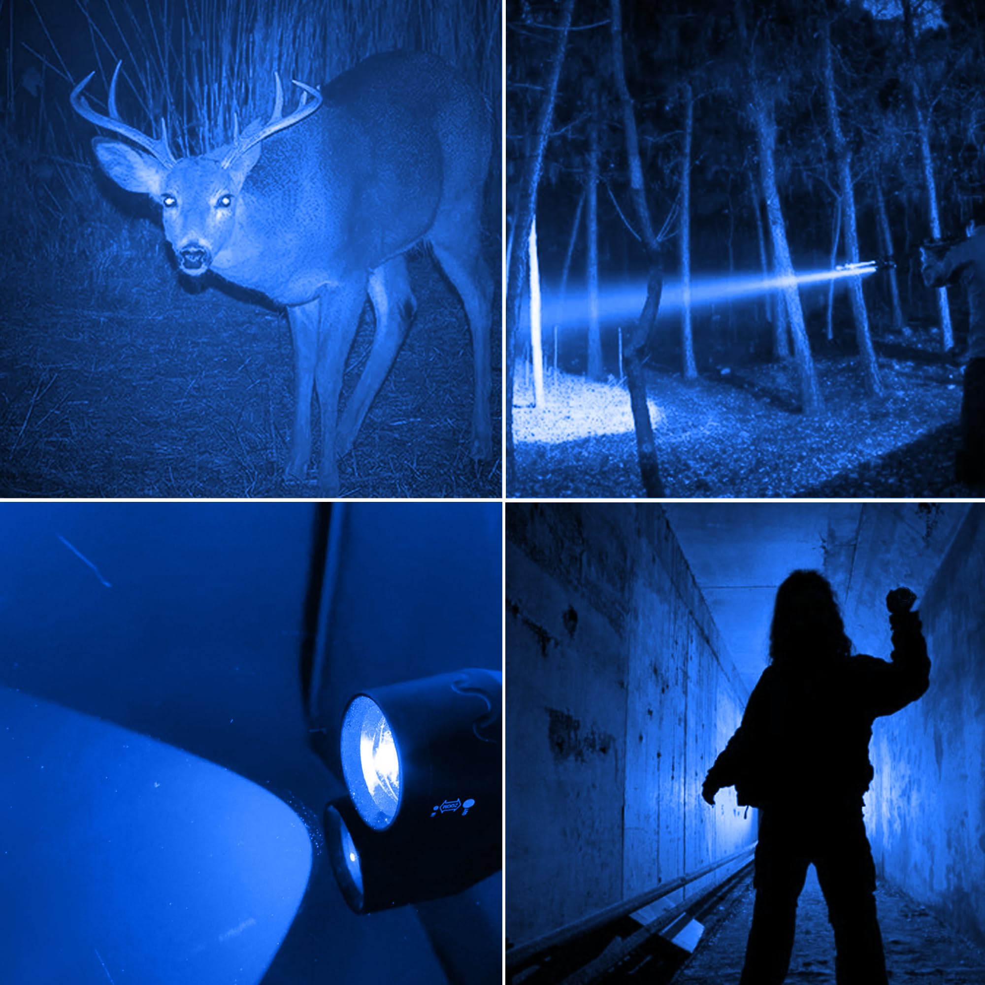 Fadomall Blue Light Led Flashlight Single Mode Adjustable Focus Night Hunting Flashlights For Observation, Fishing, 2 Pack