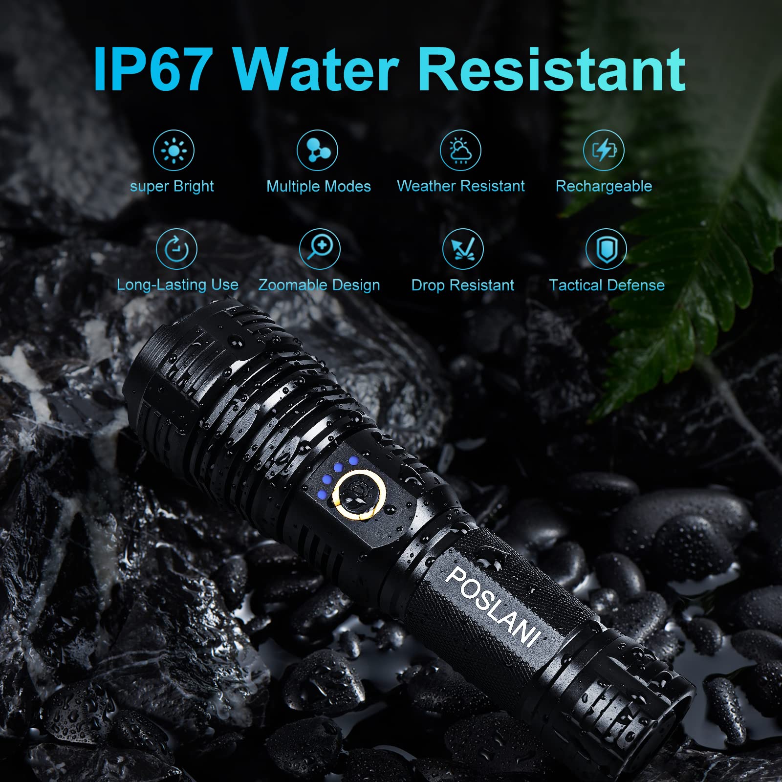Poslani Flashlights Led High Lumens Rechargeable, Extremely Bright 50000 Lumens Flashlight, Ipx67 Water Resistant, 5 Light Modes, Zoomable Tactical Flashlight For Emergency Camping