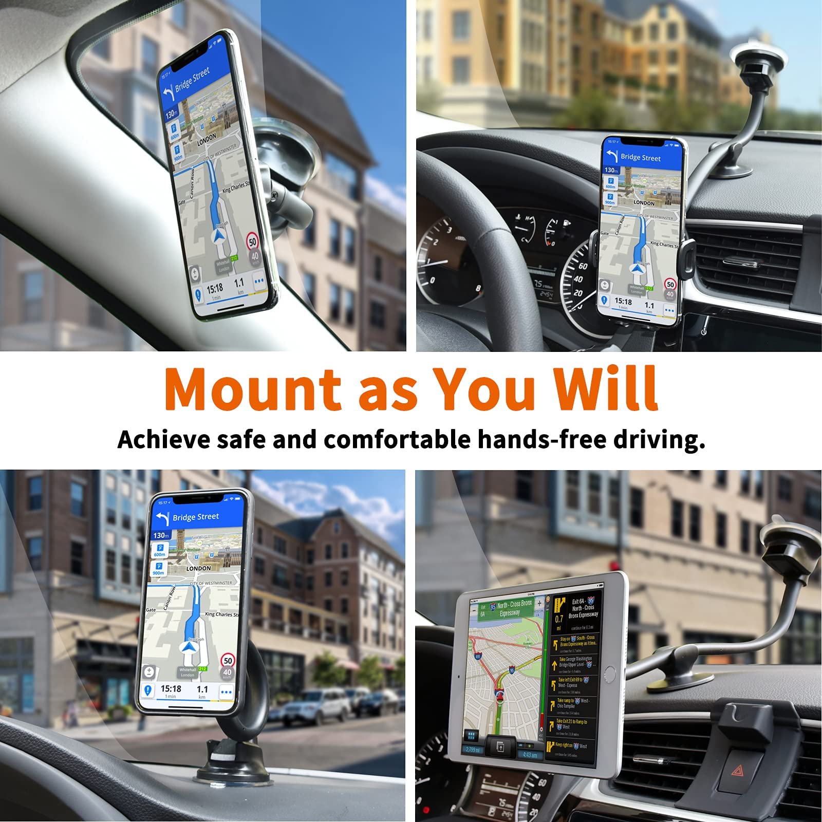1Zero Magnetic Phone Car Mount 14-Inch Gooseneck Long Arm Extension, Universal Windshield Dashboard Industrial-Strength Suction Cup Car Phone Holder With 6 Strong Magnets, For All Cell Phones Iphone