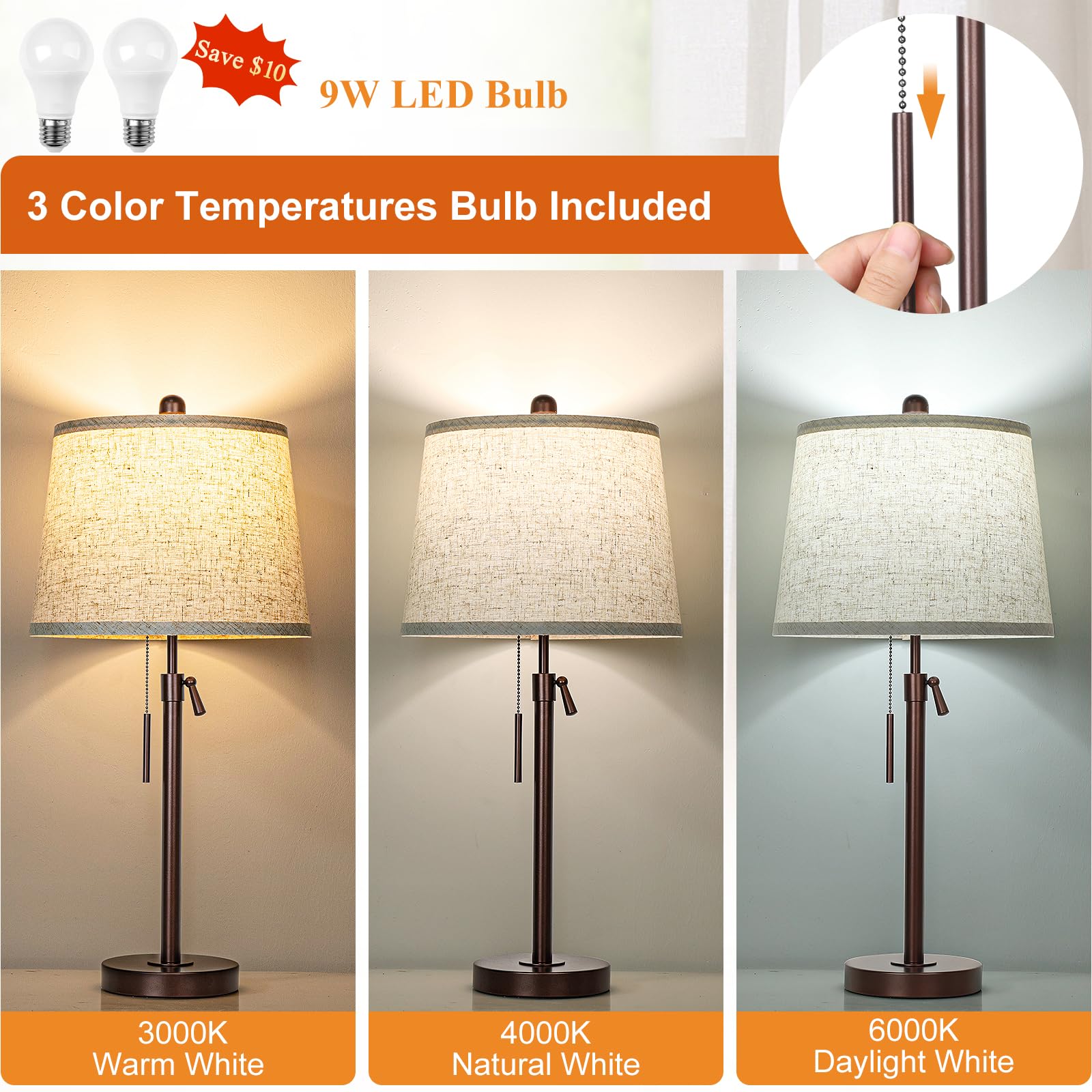 Junnai Table Lamps Set Of 2, 22" To 30"Adjustable Height Bedside Lamps For Living Room 3 Color Temperatures Tall Nightstand Lamps Modern Brown Table Lamp For Bedroom Office End Table (Bulbs Included)