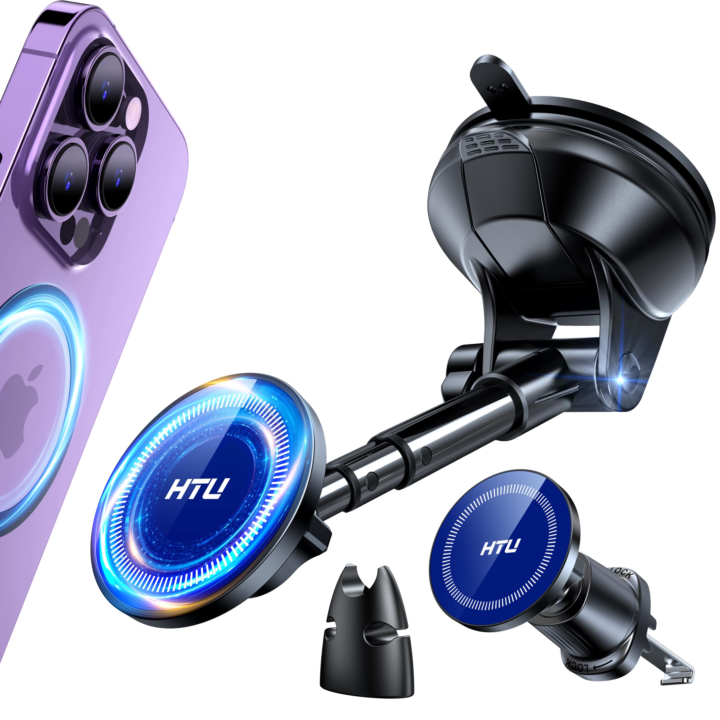 Htu   For Magsafe Car Mount【80Lbs Strongest Suction & Military-Grade】Hands Powerful Magnetic Cell Phone Holder For Car Dashboard Windshield For Iphone 16 15 14 Pro Max Mini (Dark Blue)