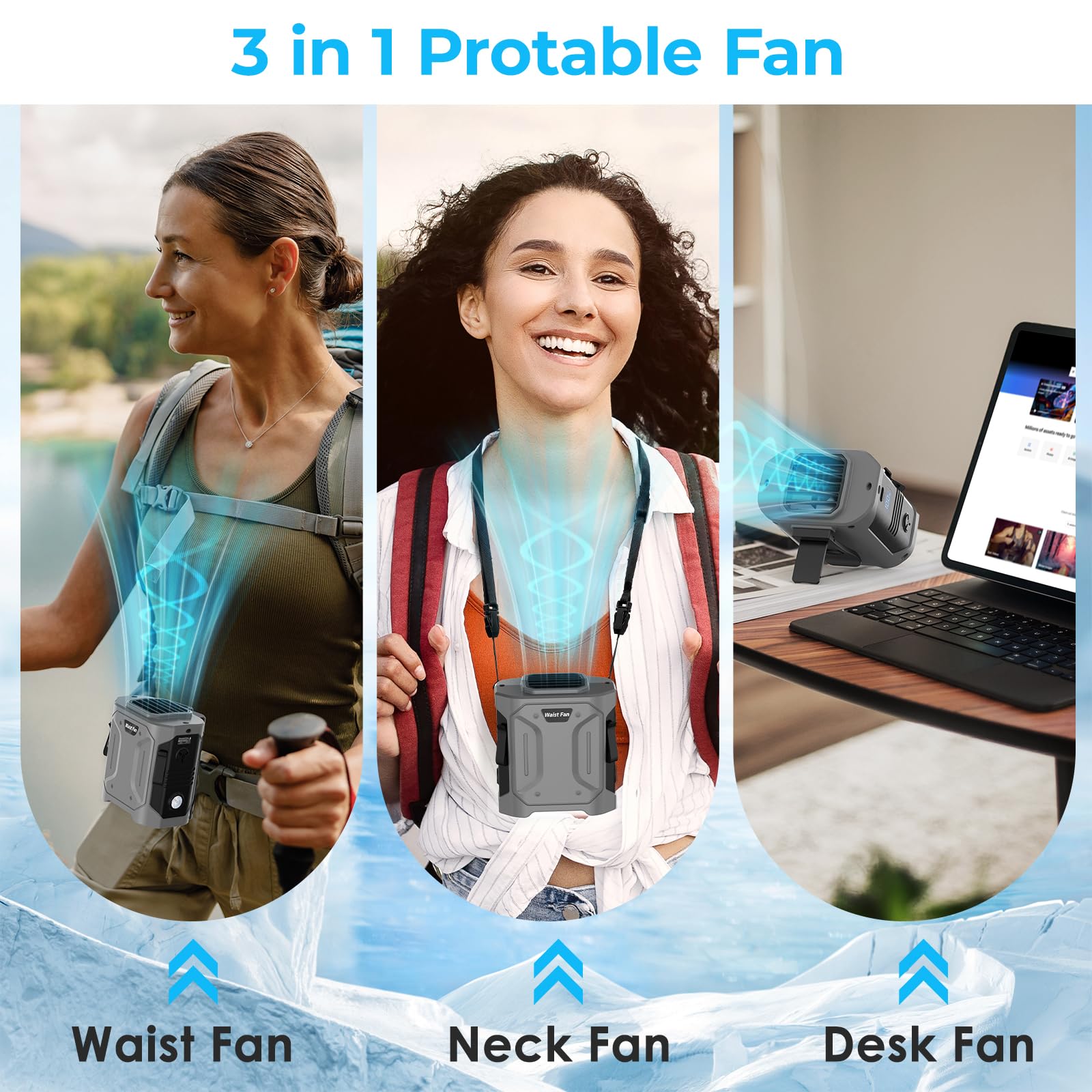 Portable Waist Fan Clip-On 10000Mah: Belt Neck Personal Fan Rechargeable 5 Speeds & Led Sos Light